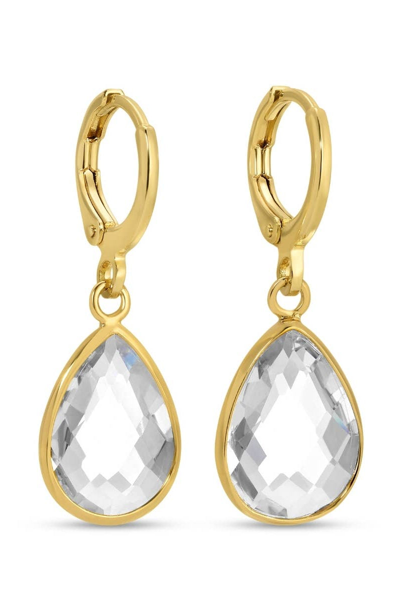 Shop Crystal Teardrop Huggie Earrings | 4 Colors-Clear at Ruby Joy Boutique, a Women's Clothing Store in Pickerington, Ohio