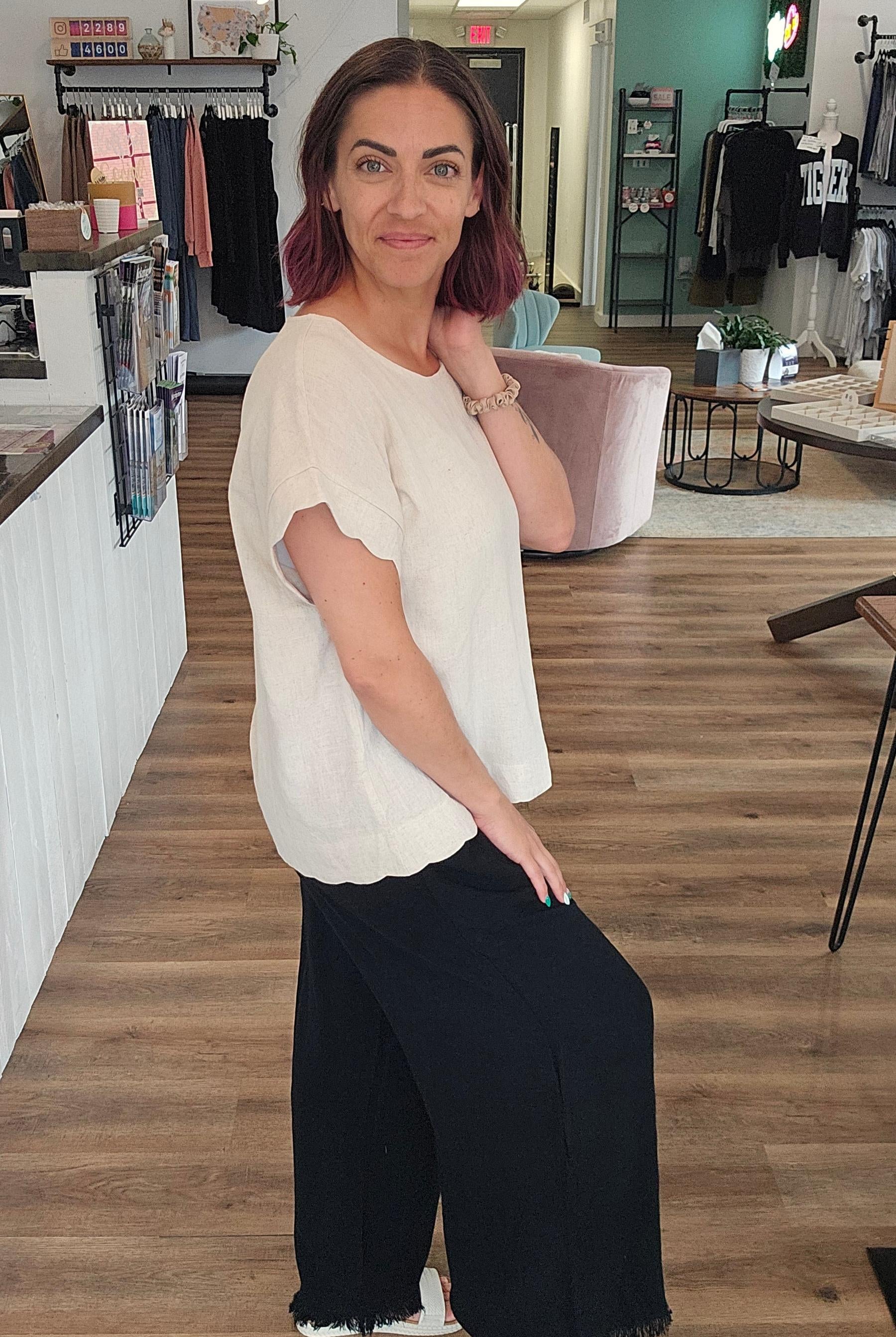 Shop Frayed Hem Wide Leg Linen Blend Pants - Black- at Ruby Joy Boutique, a Women's Clothing Store in Pickerington, Ohio