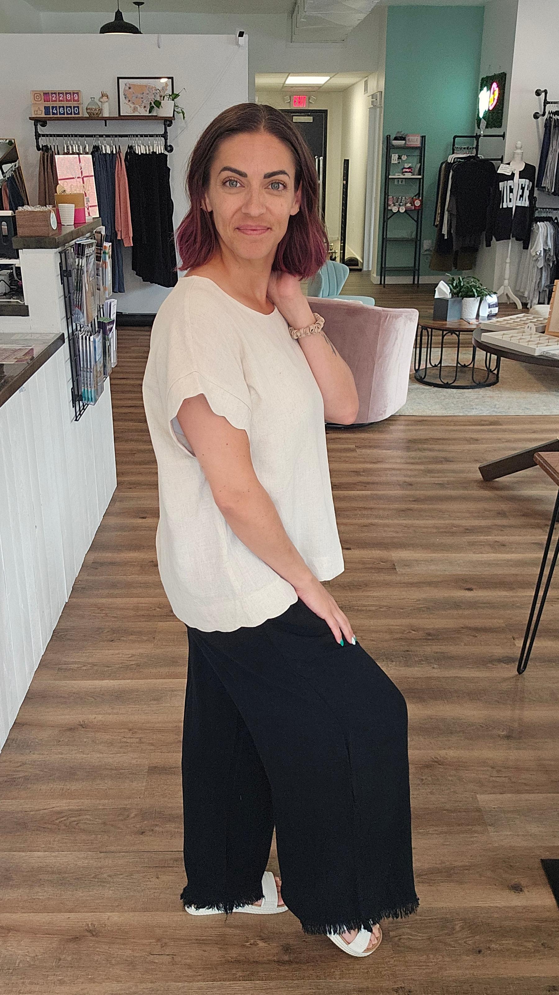 Shop Frayed Hem Wide Leg Linen Blend Pants - Black- at Ruby Joy Boutique, a Women's Clothing Store in Pickerington, Ohio
