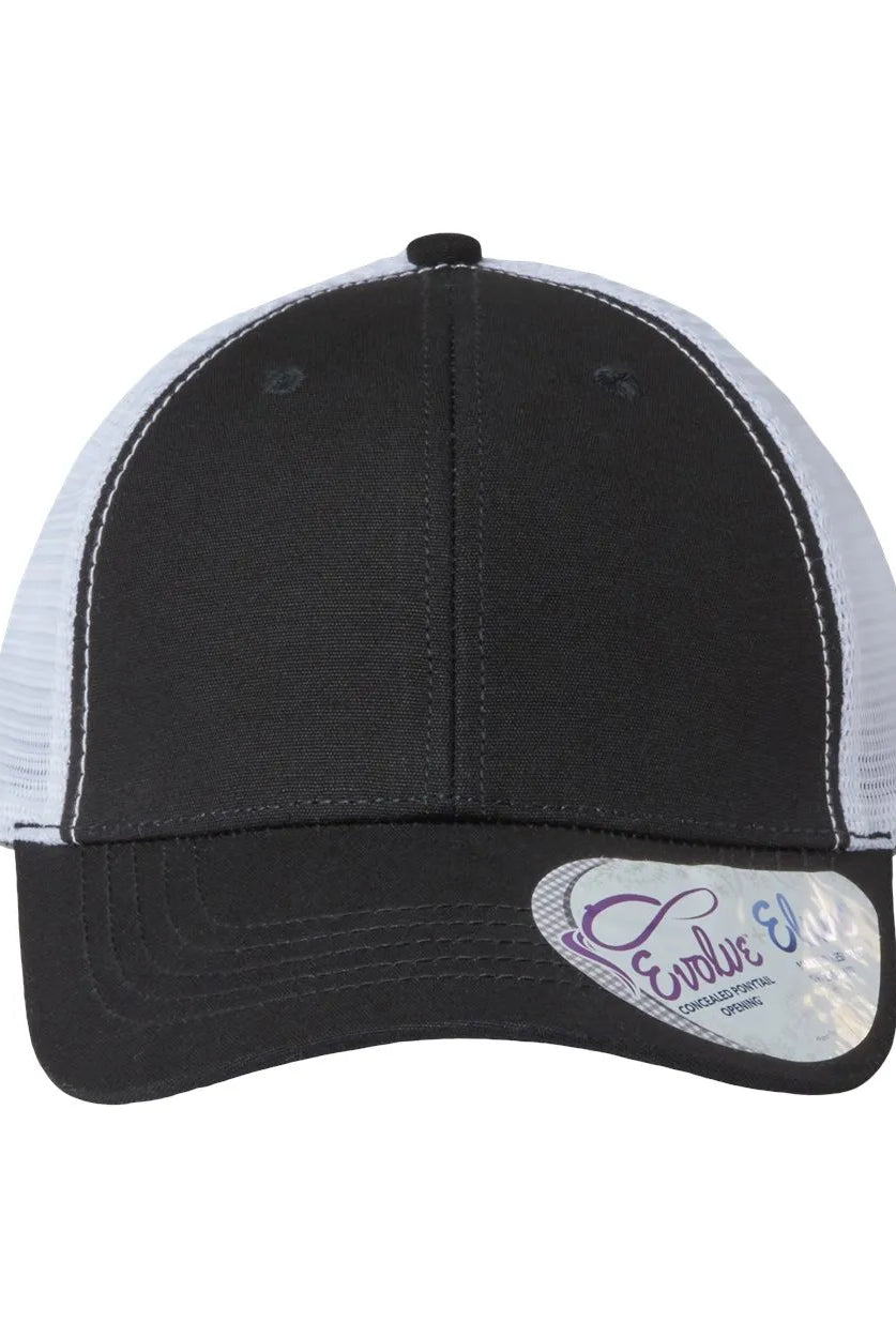 Shop 256 Lacrosse Graphic Women's Trucker Hat with Evolve™ Concealed Ponytail Opening- at Ruby Joy Boutique, a Women's Clothing Store in Pickerington, Ohio