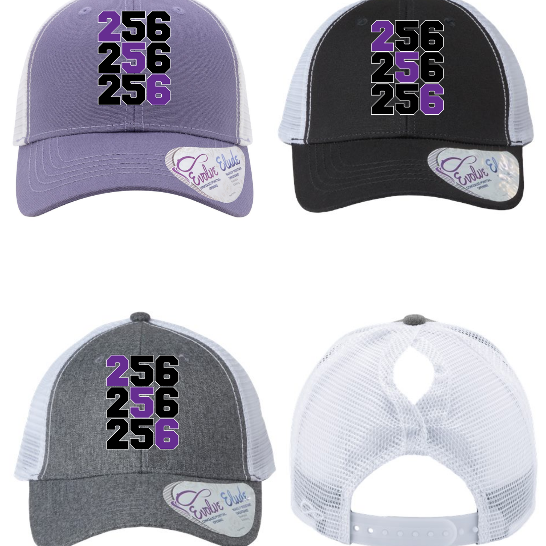 Shop 256 Lacrosse Graphic Women's Trucker Hat with Evolve™ Concealed Ponytail Opening-256 Block at Ruby Joy Boutique, a Women's Clothing Store in Pickerington, Ohio