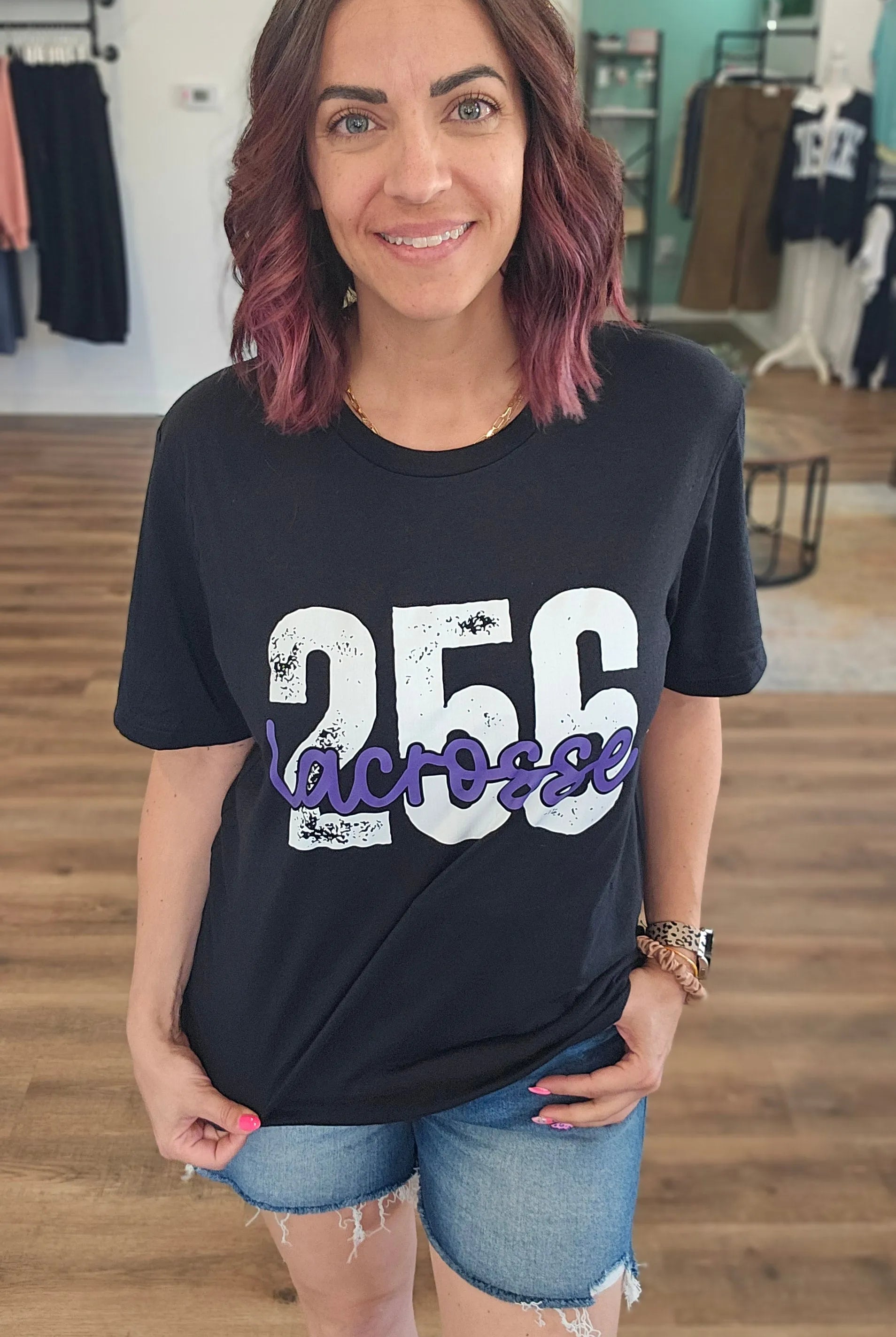 Shop 256 Lacrosse Playful Script Graphic Tee- at Ruby Joy Boutique, a Women's Clothing Store in Pickerington, Ohio