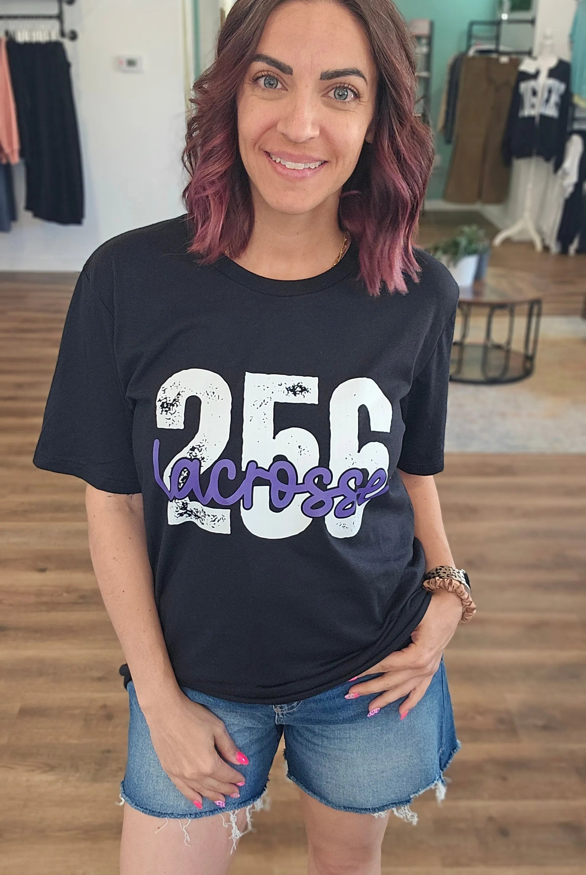 Shop 256 Lacrosse Playful Script Graphic Tee- at Ruby Joy Boutique, a Women's Clothing Store in Pickerington, Ohio