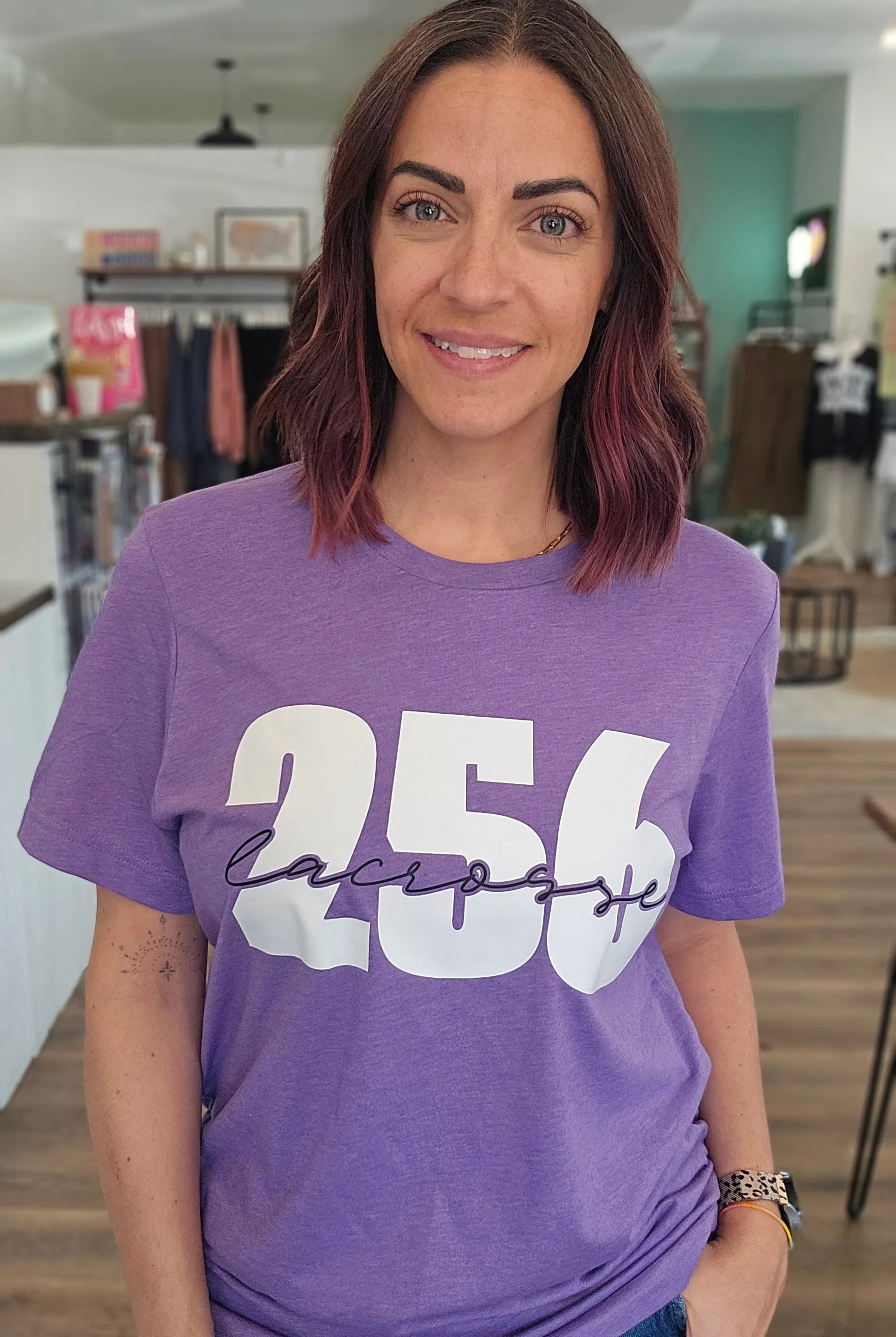 Shop 256 Lacrosse Script Graphic Tee- at Ruby Joy Boutique, a Women's Clothing Store in Pickerington, Ohio