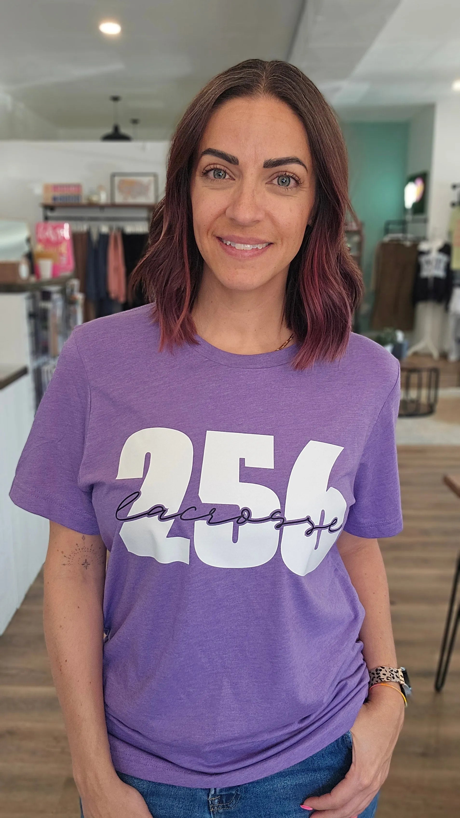 Shop 256 Lacrosse Script Graphic Tee- at Ruby Joy Boutique, a Women's Clothing Store in Pickerington, Ohio