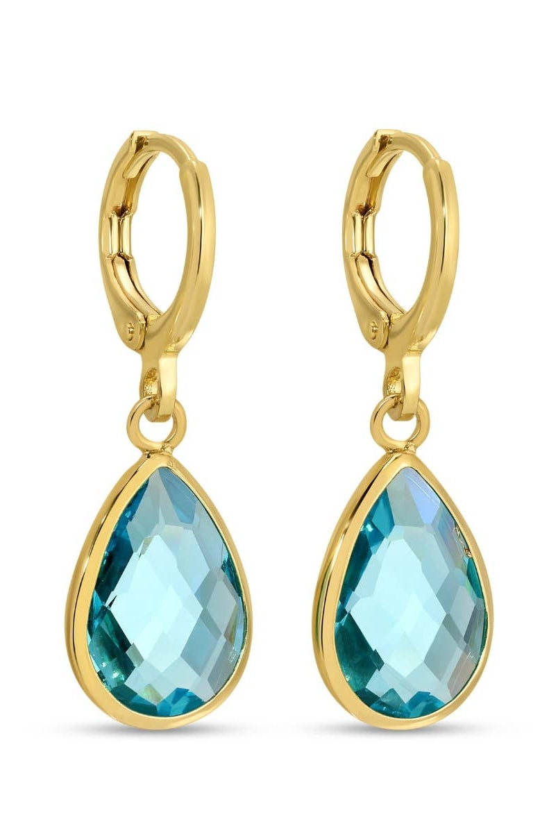 Shop Crystal Teardrop Huggie Earrings | 4 Colors-Aqua at Ruby Joy Boutique, a Women's Clothing Store in Pickerington, Ohio
