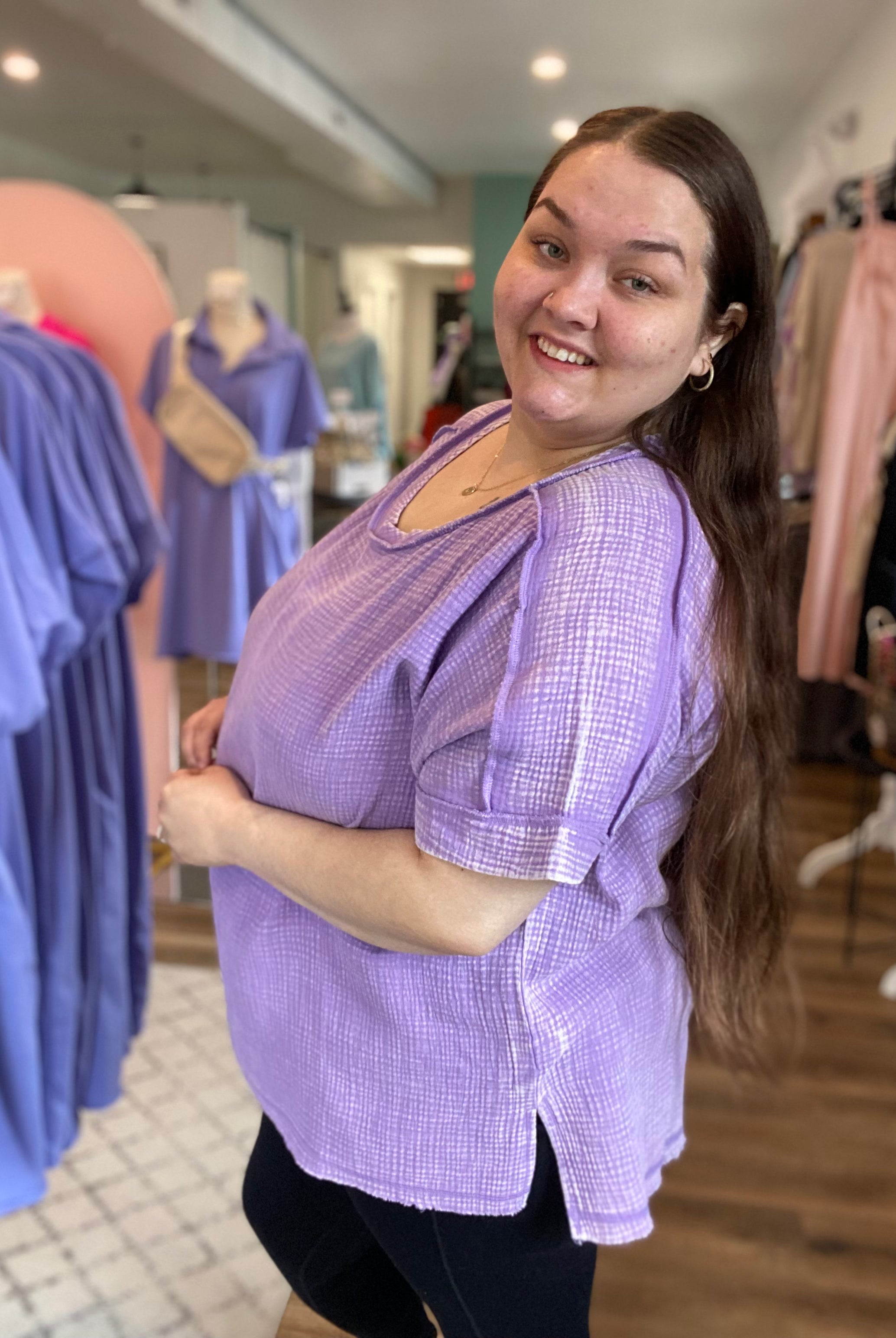 Shop Acid Wash Gauze Top - Lavender- at Ruby Joy Boutique, a Women's Clothing Store in Pickerington, Ohio