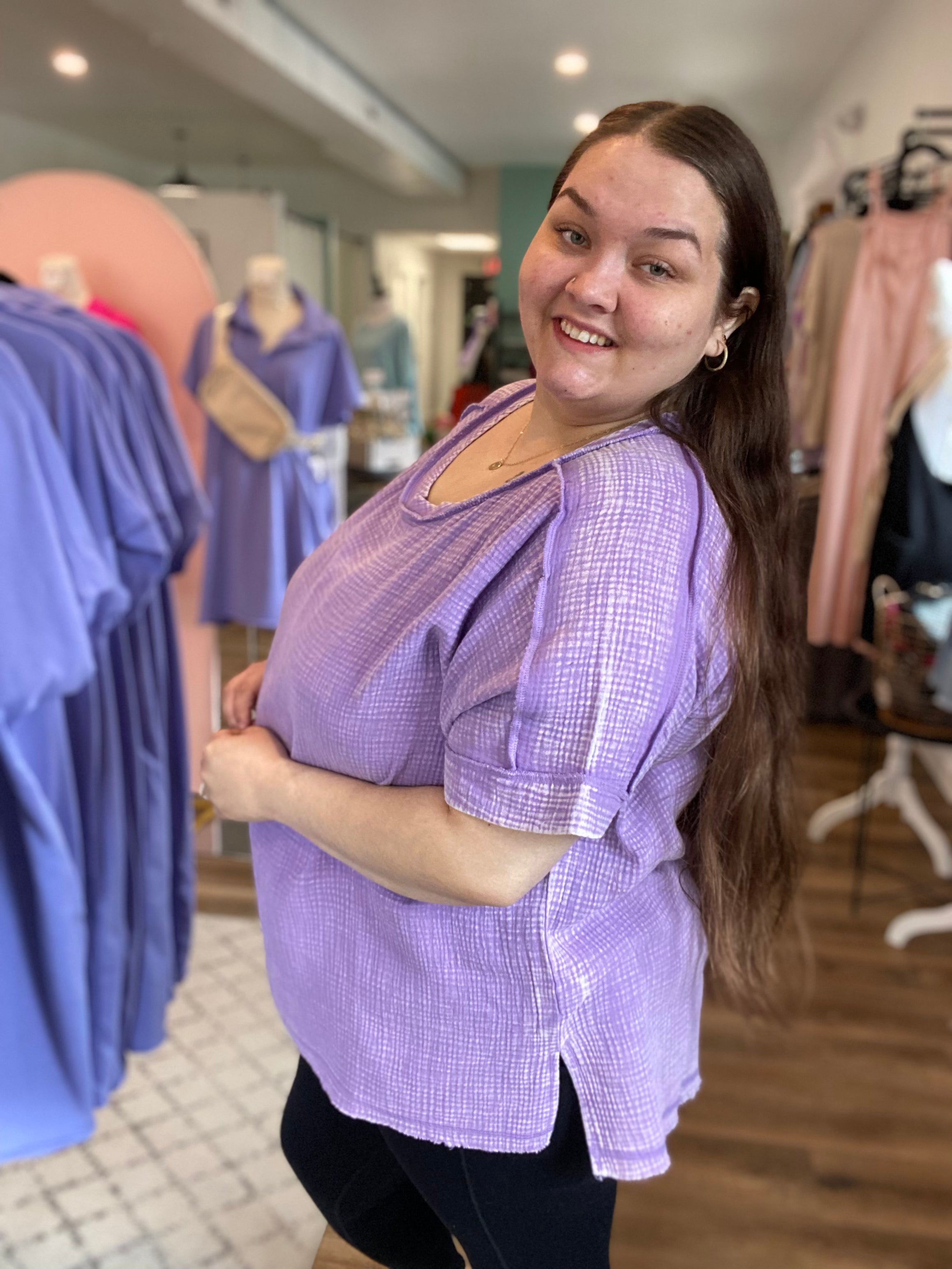 Shop Acid Wash Gauze Top - Lavender- at Ruby Joy Boutique, a Women's Clothing Store in Pickerington, Ohio