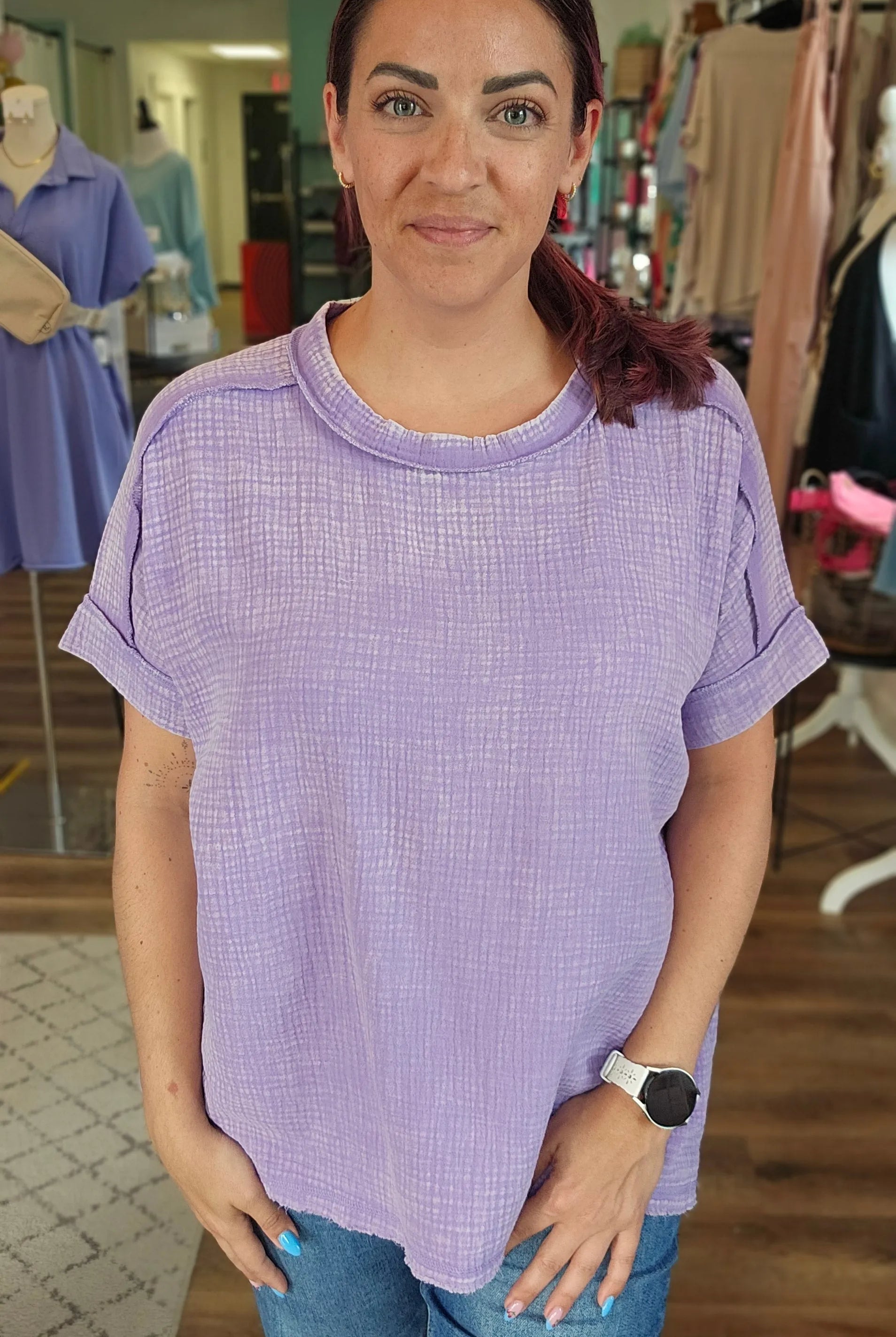 Shop Acid Wash Gauze Top - Lavender- at Ruby Joy Boutique, a Women's Clothing Store in Pickerington, Ohio