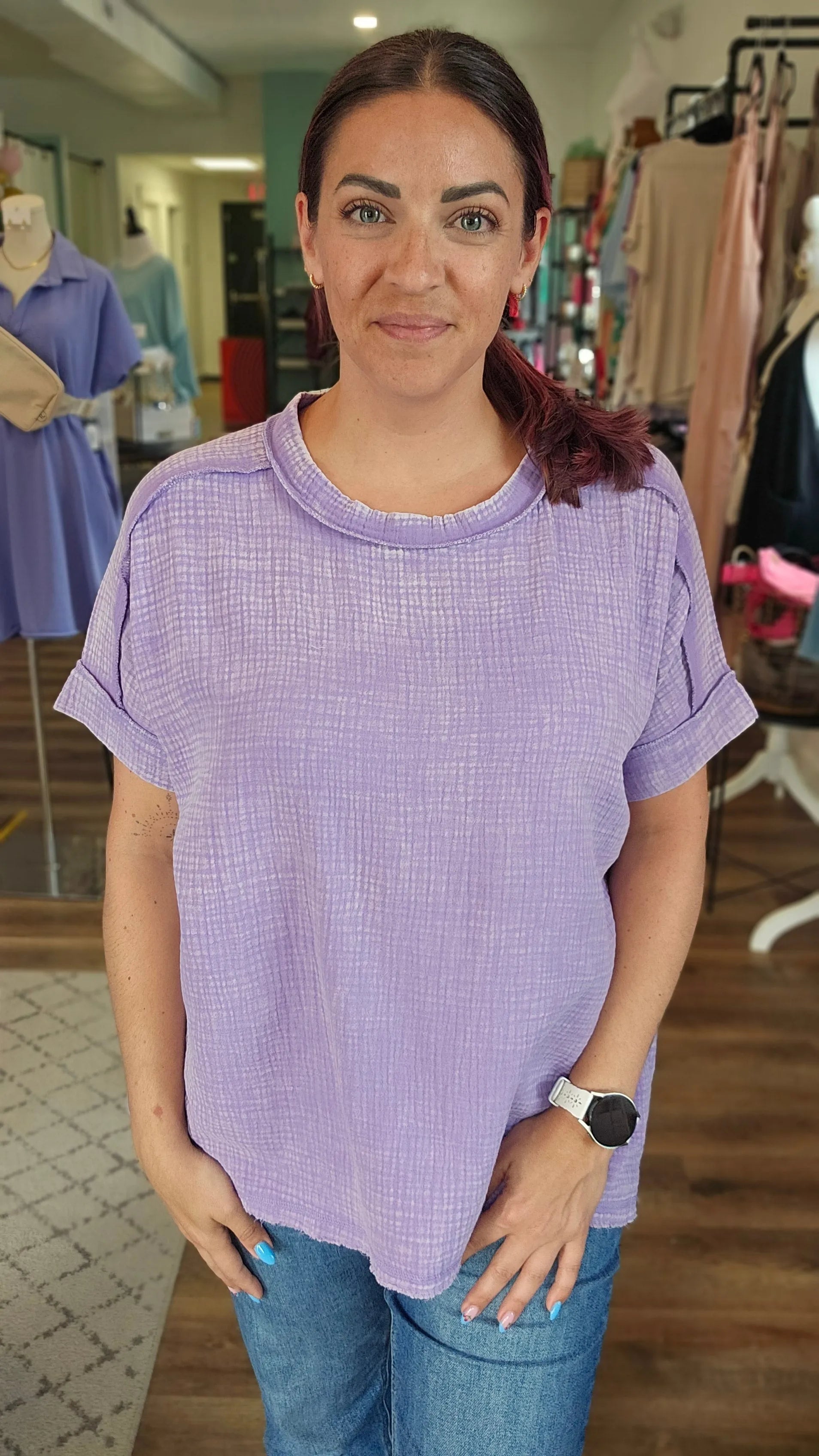 Shop Acid Wash Gauze Top - Lavender- at Ruby Joy Boutique, a Women's Clothing Store in Pickerington, Ohio