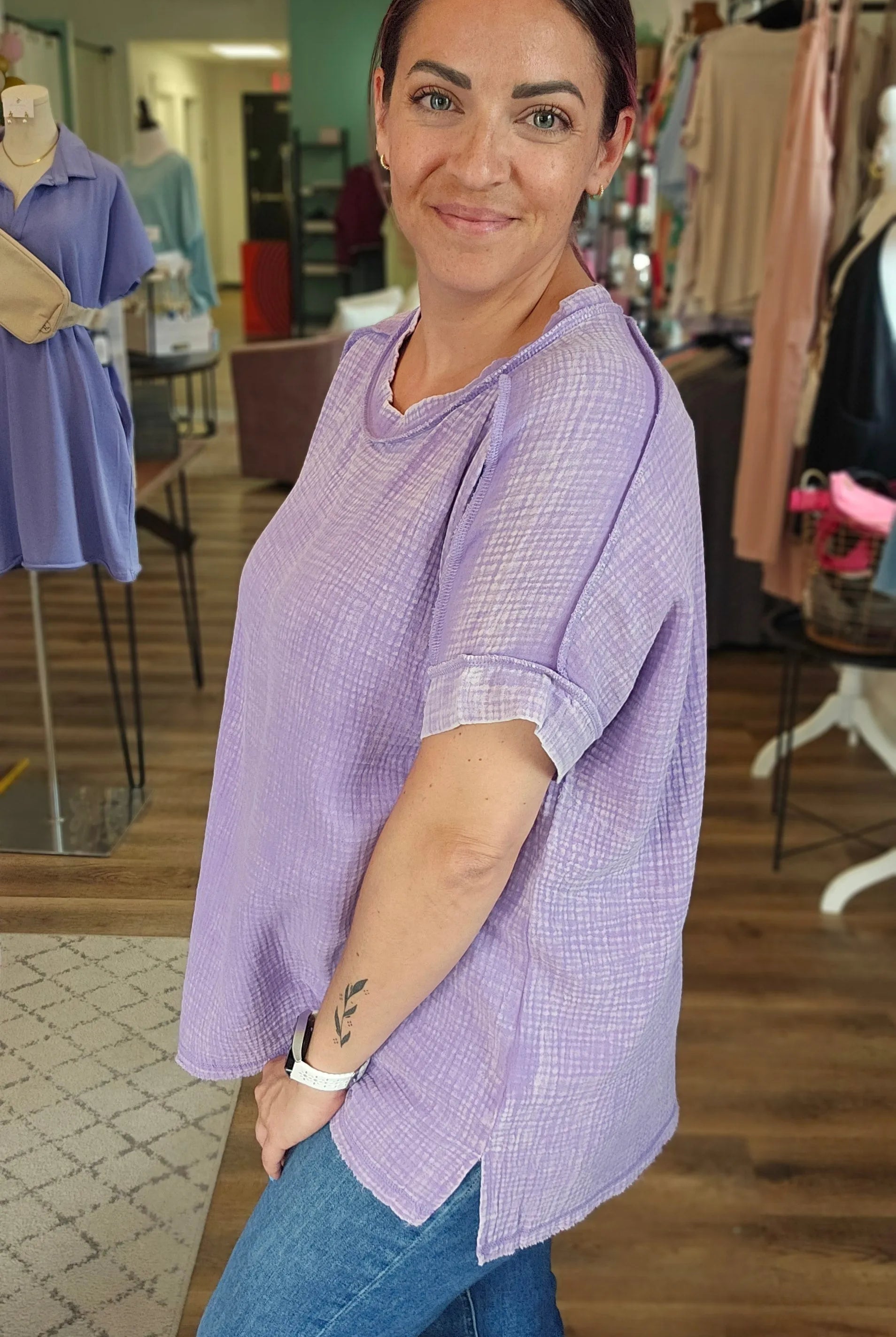 Shop Acid Wash Gauze Top - Lavender- at Ruby Joy Boutique, a Women's Clothing Store in Pickerington, Ohio