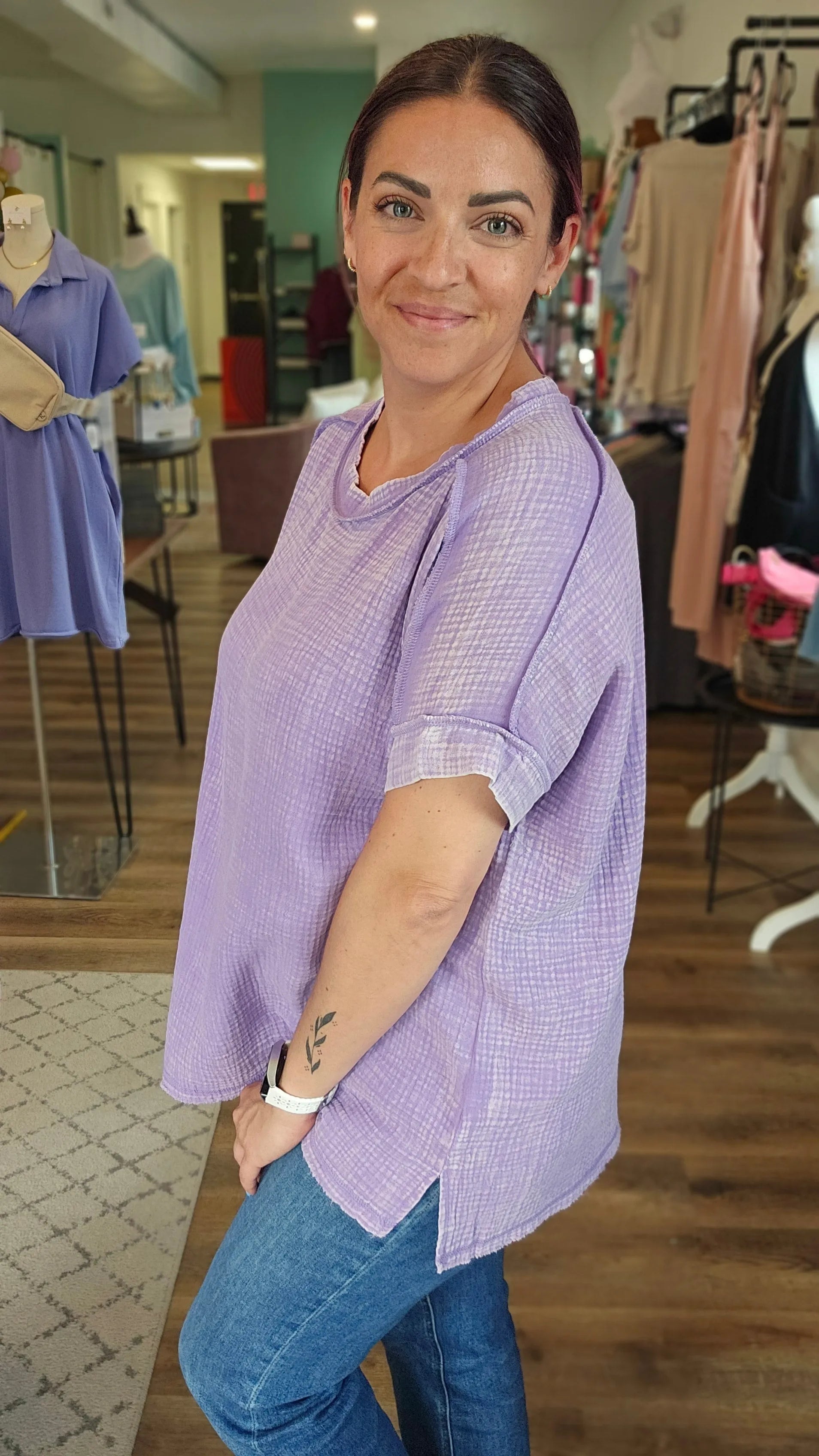 Shop Acid Wash Gauze Top - Lavender- at Ruby Joy Boutique, a Women's Clothing Store in Pickerington, Ohio