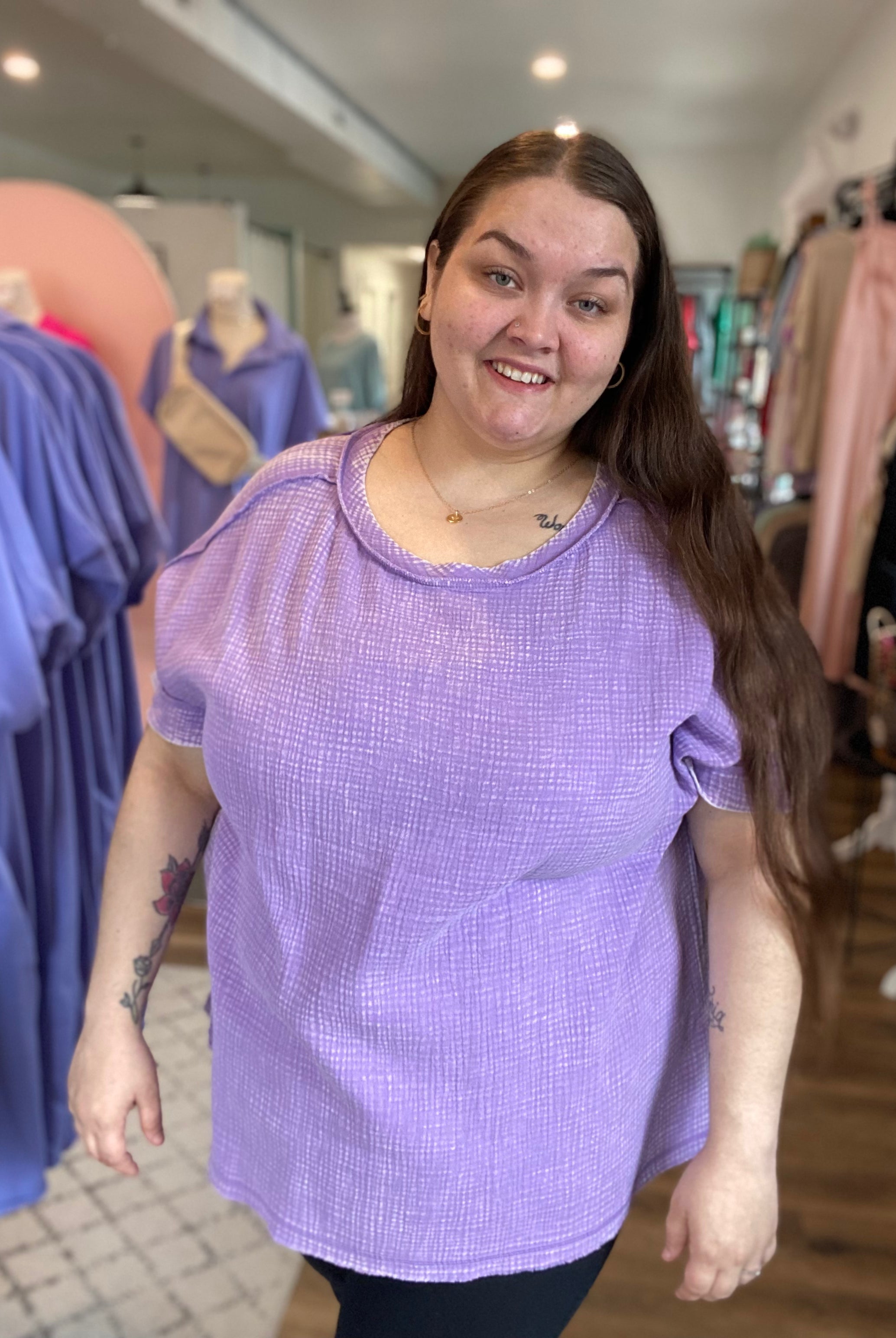 Shop Acid Wash Gauze Top - Lavender- at Ruby Joy Boutique, a Women's Clothing Store in Pickerington, Ohio