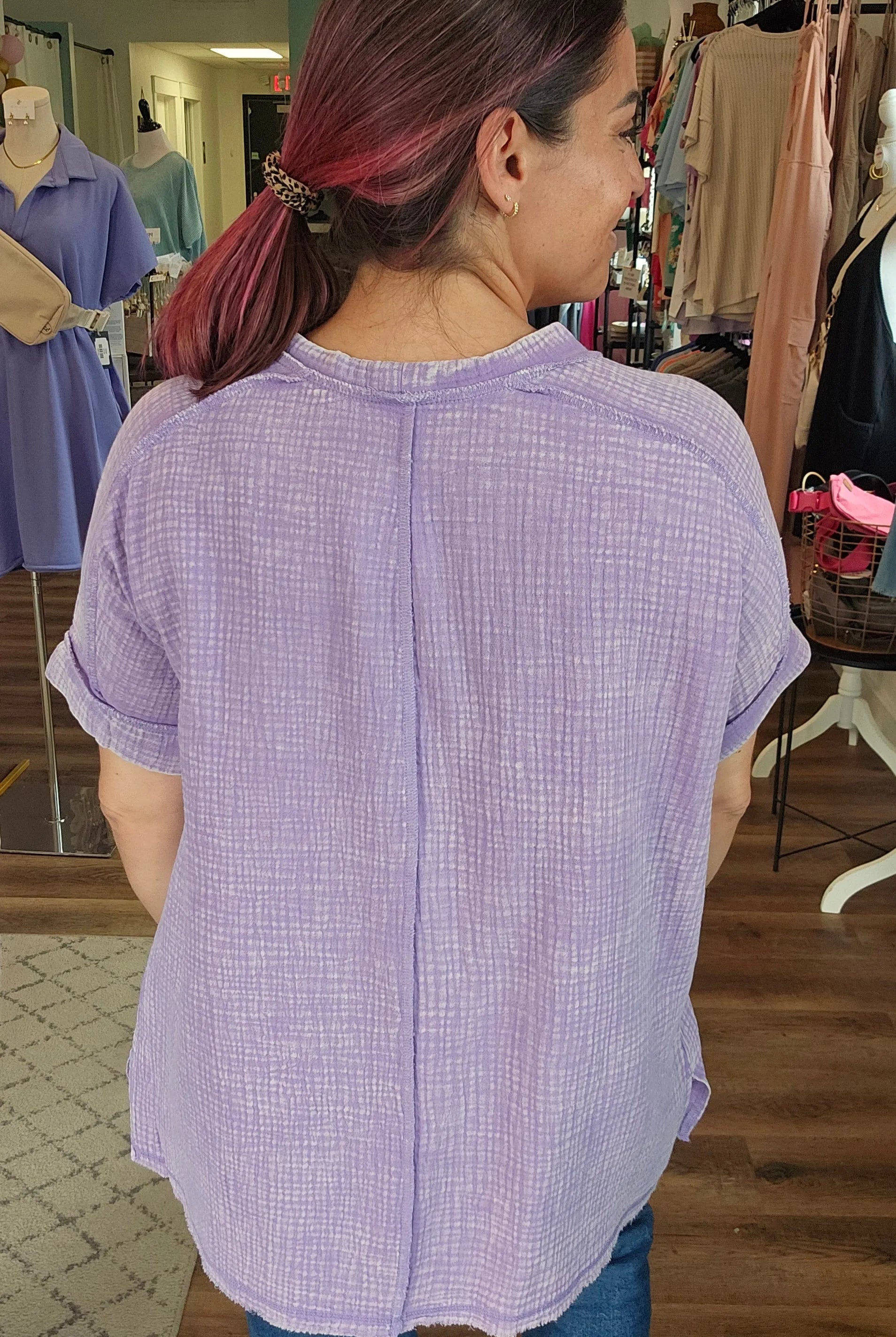 Shop Acid Wash Gauze Top - Lavender- at Ruby Joy Boutique, a Women's Clothing Store in Pickerington, Ohio