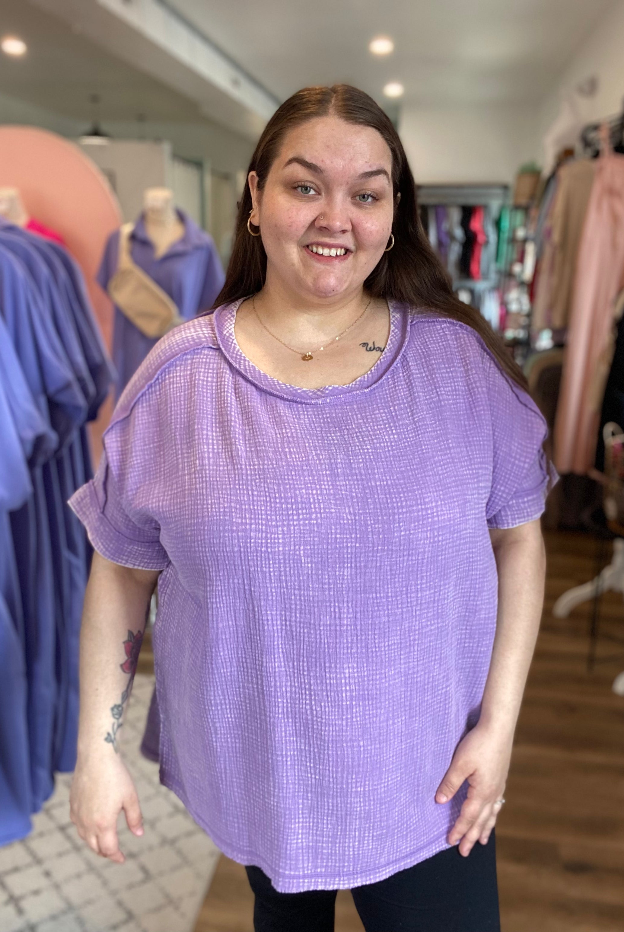 Shop Acid Wash Gauze Top - Lavender- at Ruby Joy Boutique, a Women's Clothing Store in Pickerington, Ohio