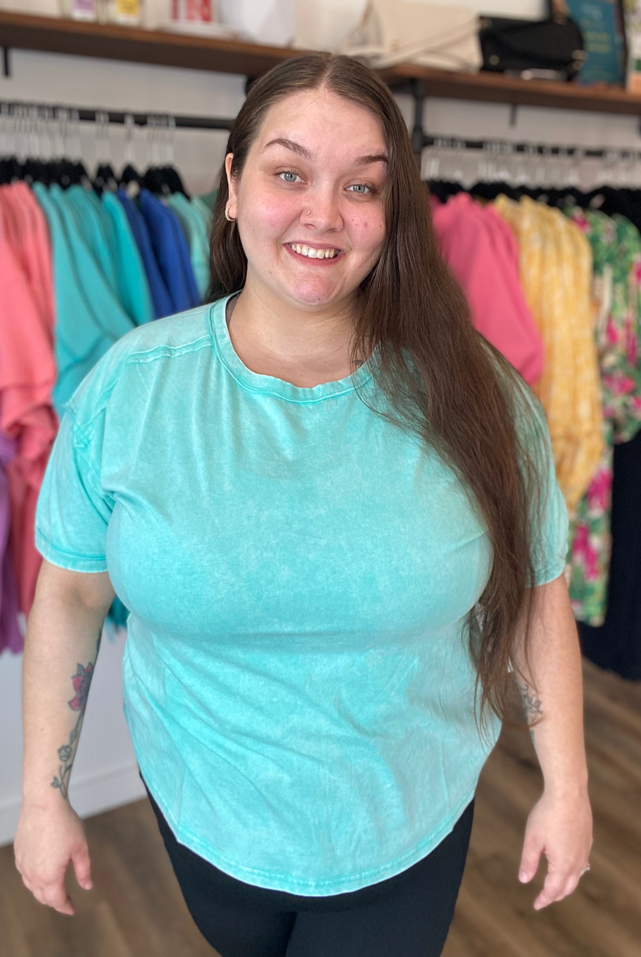 Shop Acid Wash Raw-Edge Tee - Mint- at Ruby Joy Boutique, a Women's Clothing Store in Pickerington, Ohio