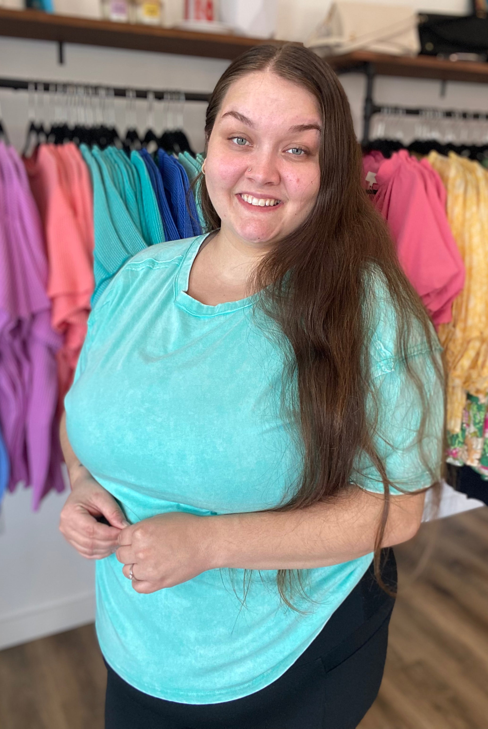 Shop Acid Wash Raw-Edge Tee - Mint- at Ruby Joy Boutique, a Women's Clothing Store in Pickerington, Ohio