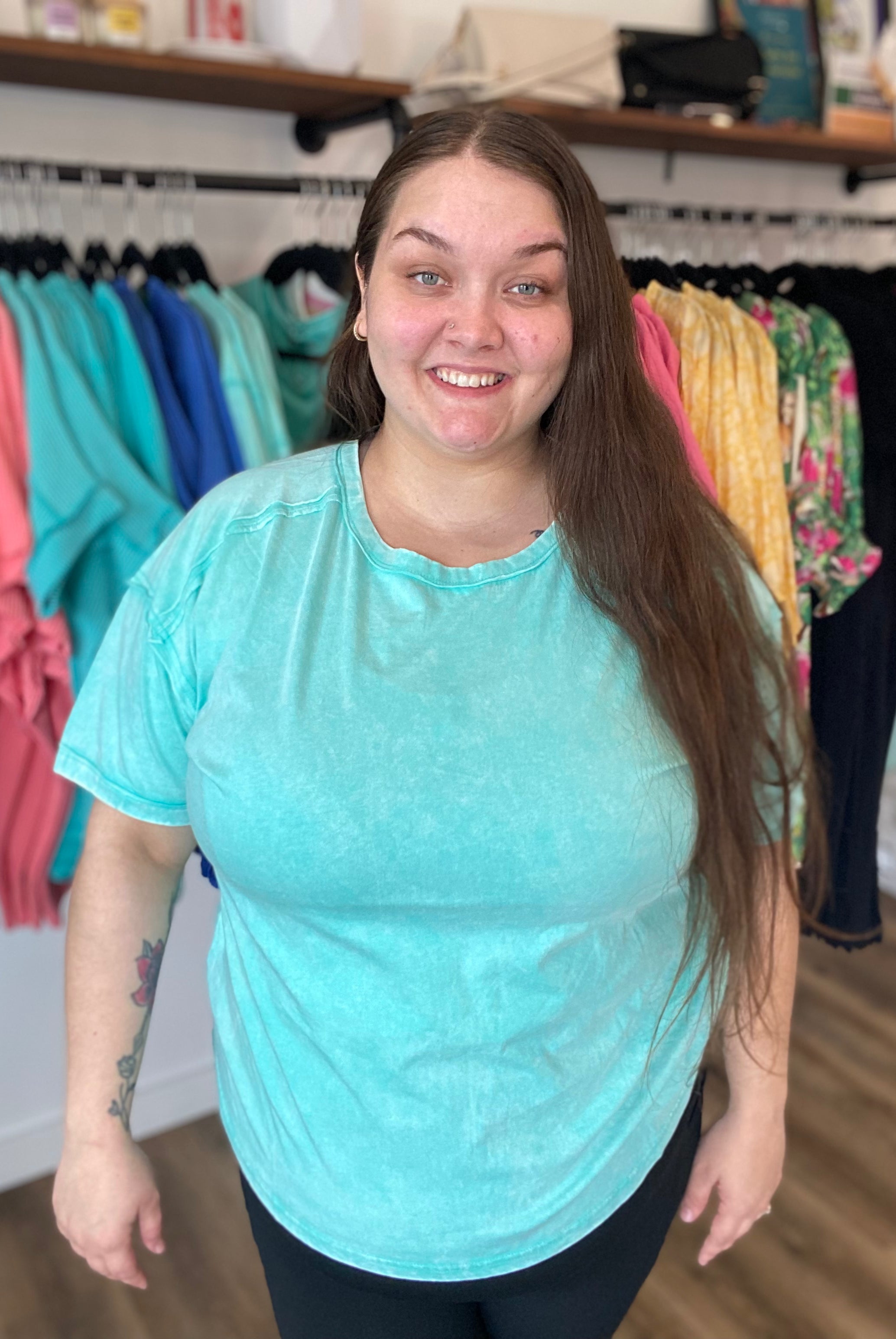 Shop Acid Wash Raw-Edge Tee - Mint- at Ruby Joy Boutique, a Women's Clothing Store in Pickerington, Ohio