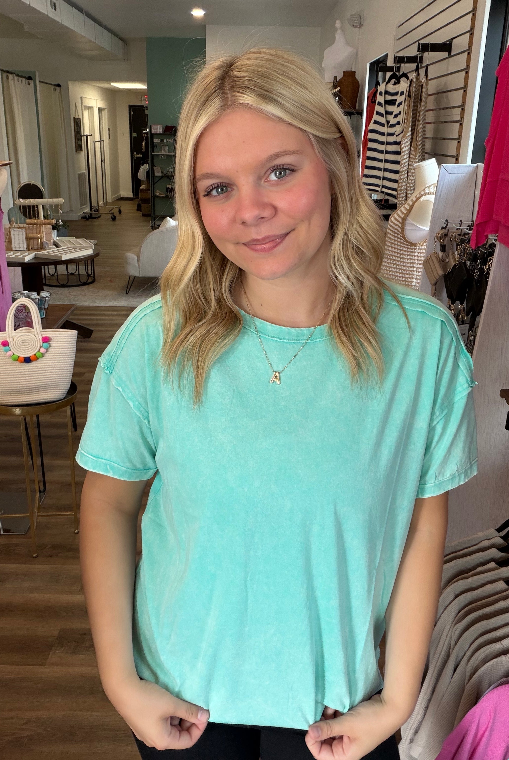 Shop Acid Wash Raw-Edge Tee - Mint- at Ruby Joy Boutique, a Women's Clothing Store in Pickerington, Ohio