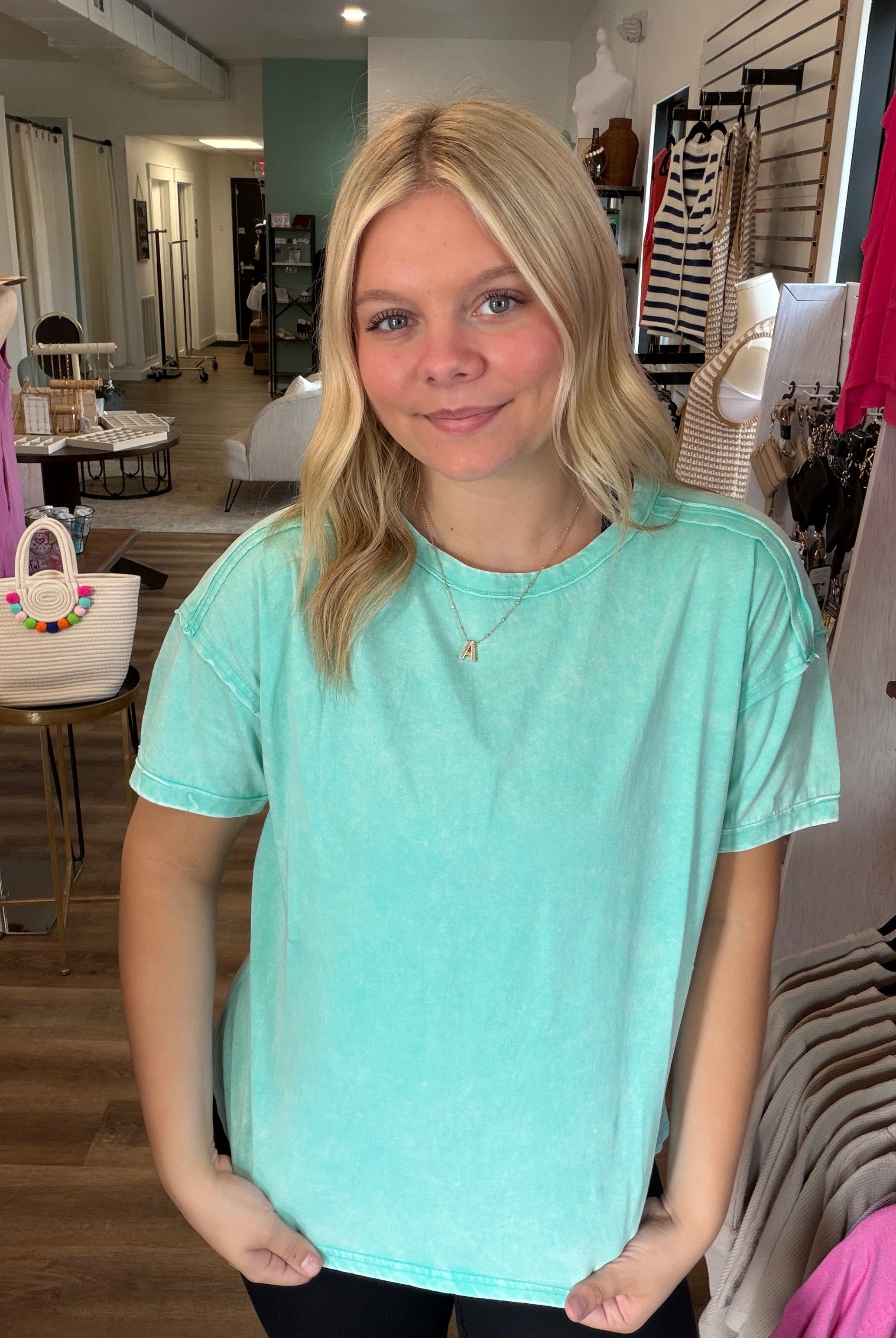Shop Acid Wash Raw-Edge Tee - Mint- at Ruby Joy Boutique, a Women's Clothing Store in Pickerington, Ohio