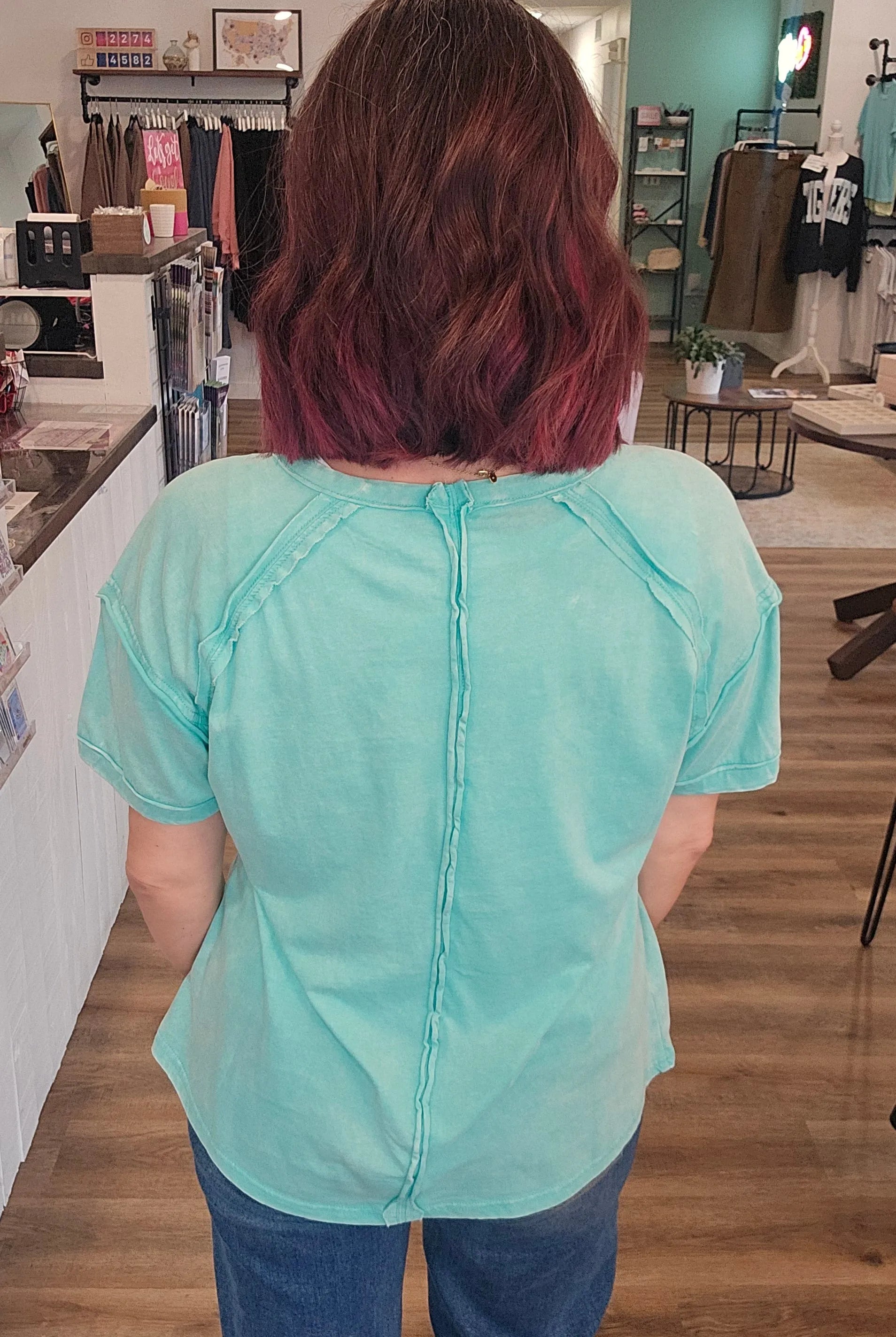 Shop Acid Wash Raw-Edge Tee - Mint- at Ruby Joy Boutique, a Women's Clothing Store in Pickerington, Ohio