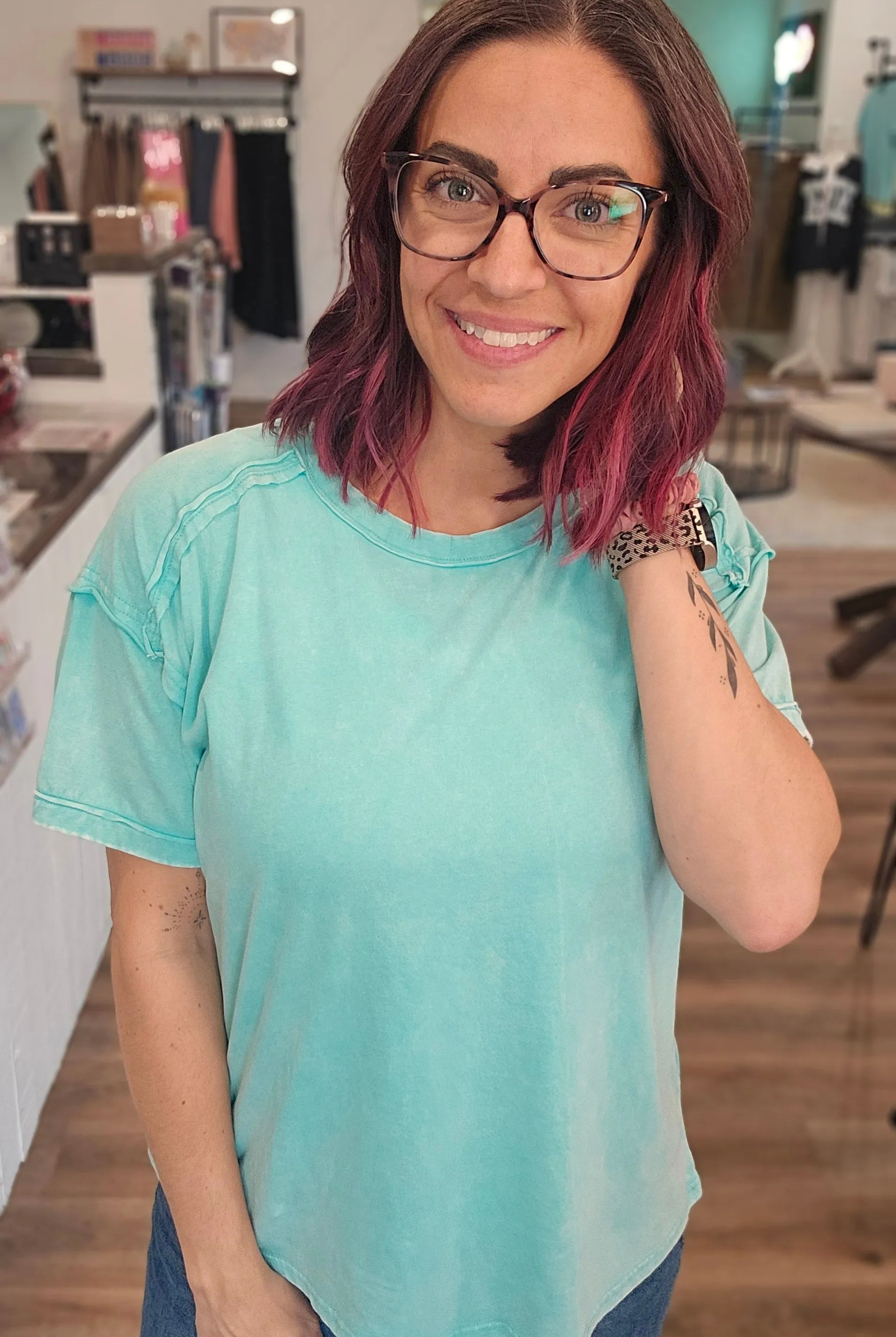Shop Acid Wash Raw-Edge Tee - Mint- at Ruby Joy Boutique, a Women's Clothing Store in Pickerington, Ohio