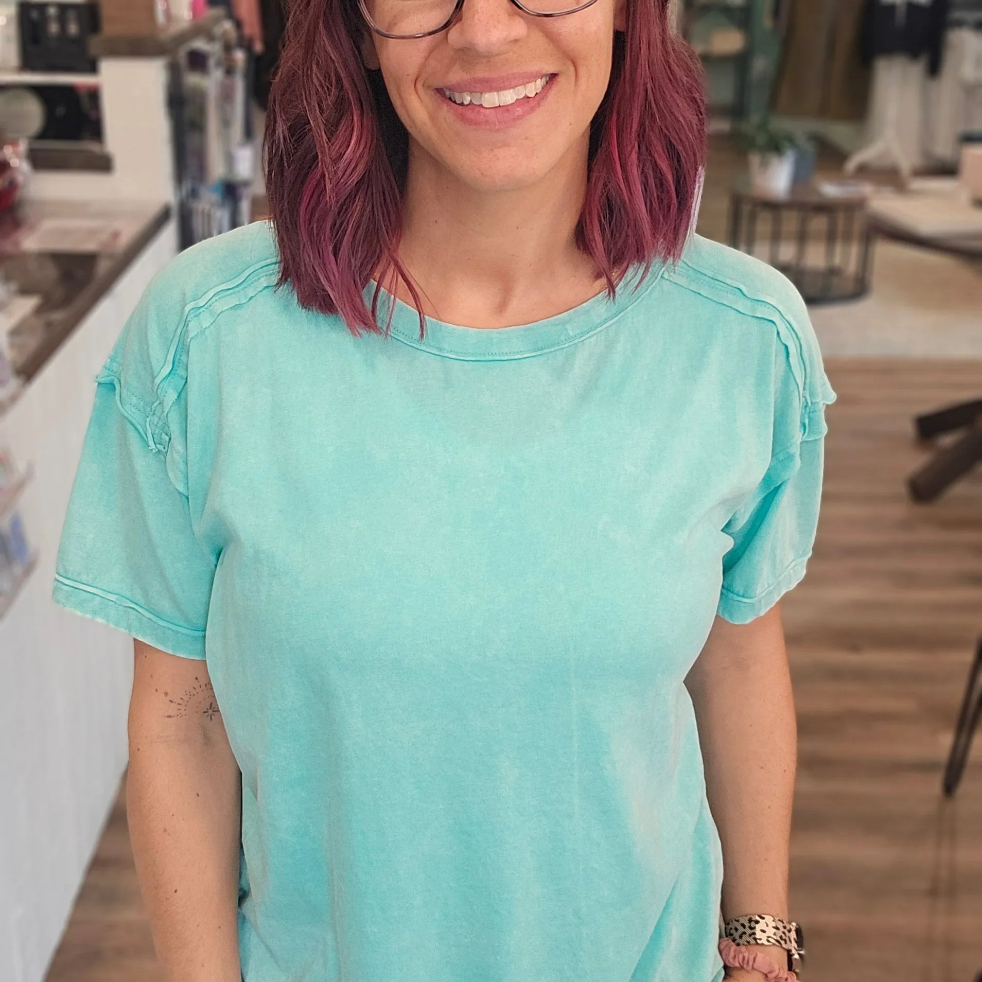 Shop Acid Wash Raw-Edge Tee - Mint- at Ruby Joy Boutique, a Women's Clothing Store in Pickerington, Ohio