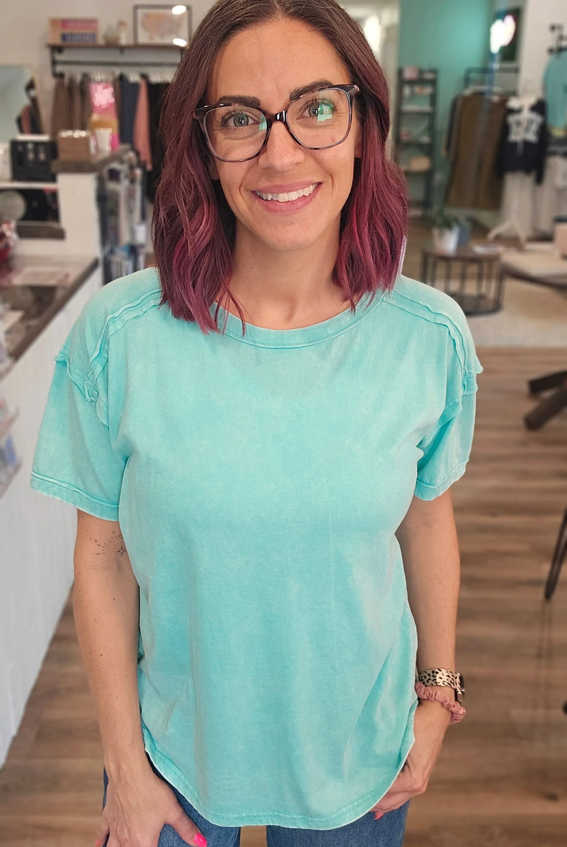 Shop Acid Wash Raw-Edge Tee - Mint- at Ruby Joy Boutique, a Women's Clothing Store in Pickerington, Ohio