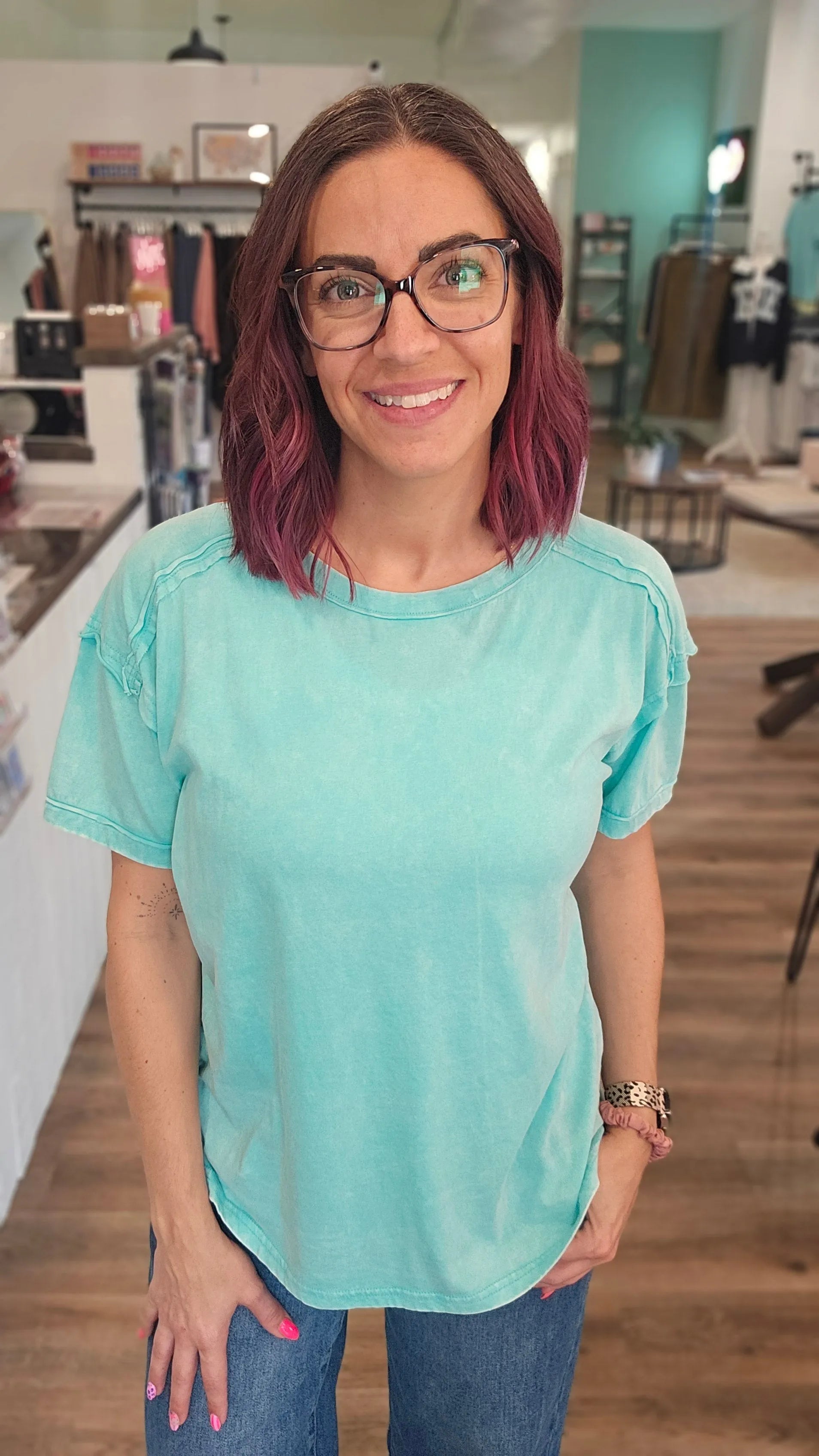 Shop Acid Wash Raw-Edge Tee - Mint- at Ruby Joy Boutique, a Women's Clothing Store in Pickerington, Ohio
