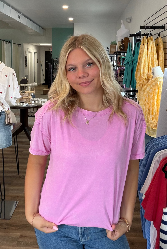 Shop Acid Wash Raw-Edge Tee - Vivid Mauve- at Ruby Joy Boutique, a Women's Clothing Store in Pickerington, Ohio