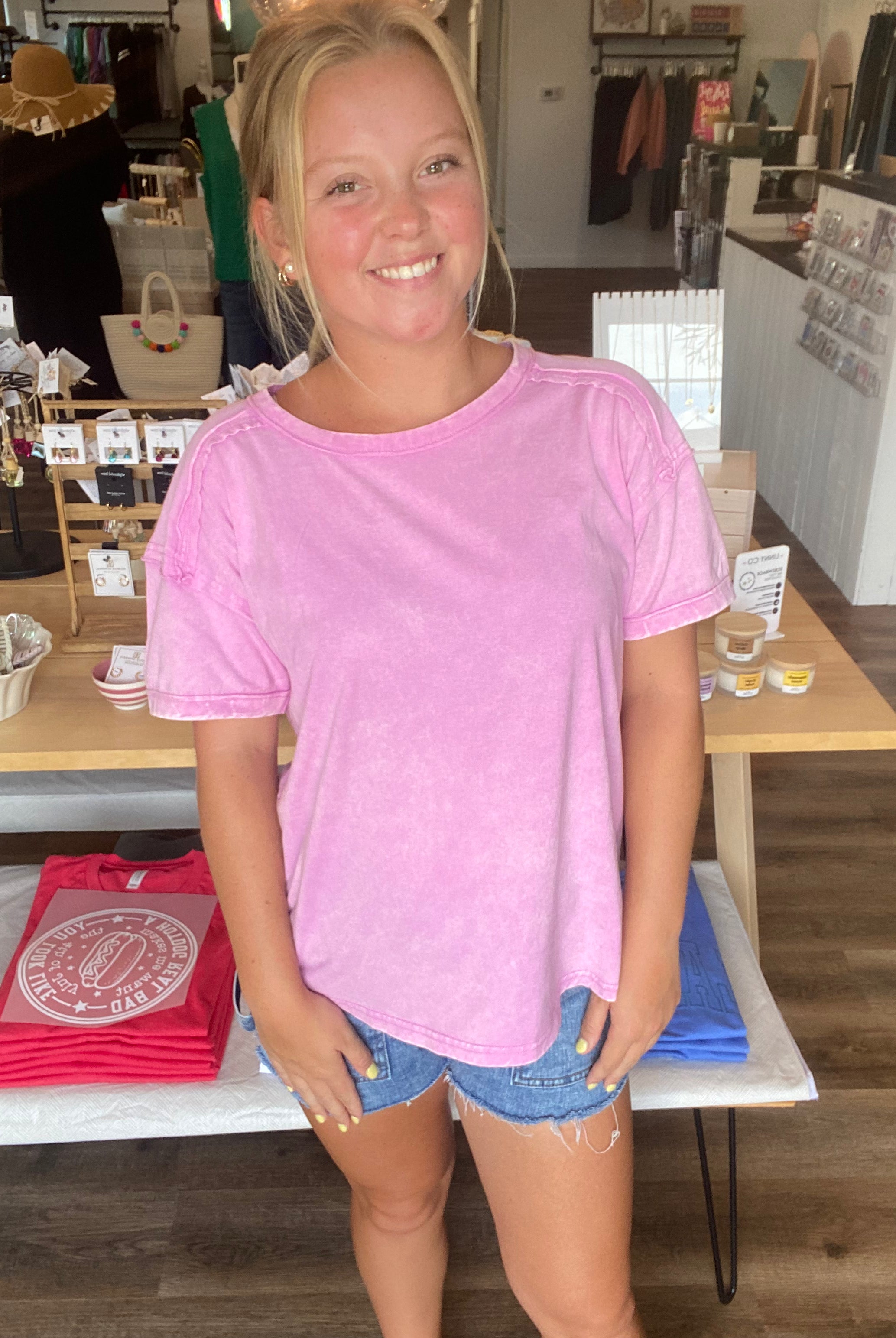Shop Acid Wash Raw-Edge Tee - Vivid Mauve- at Ruby Joy Boutique, a Women's Clothing Store in Pickerington, Ohio