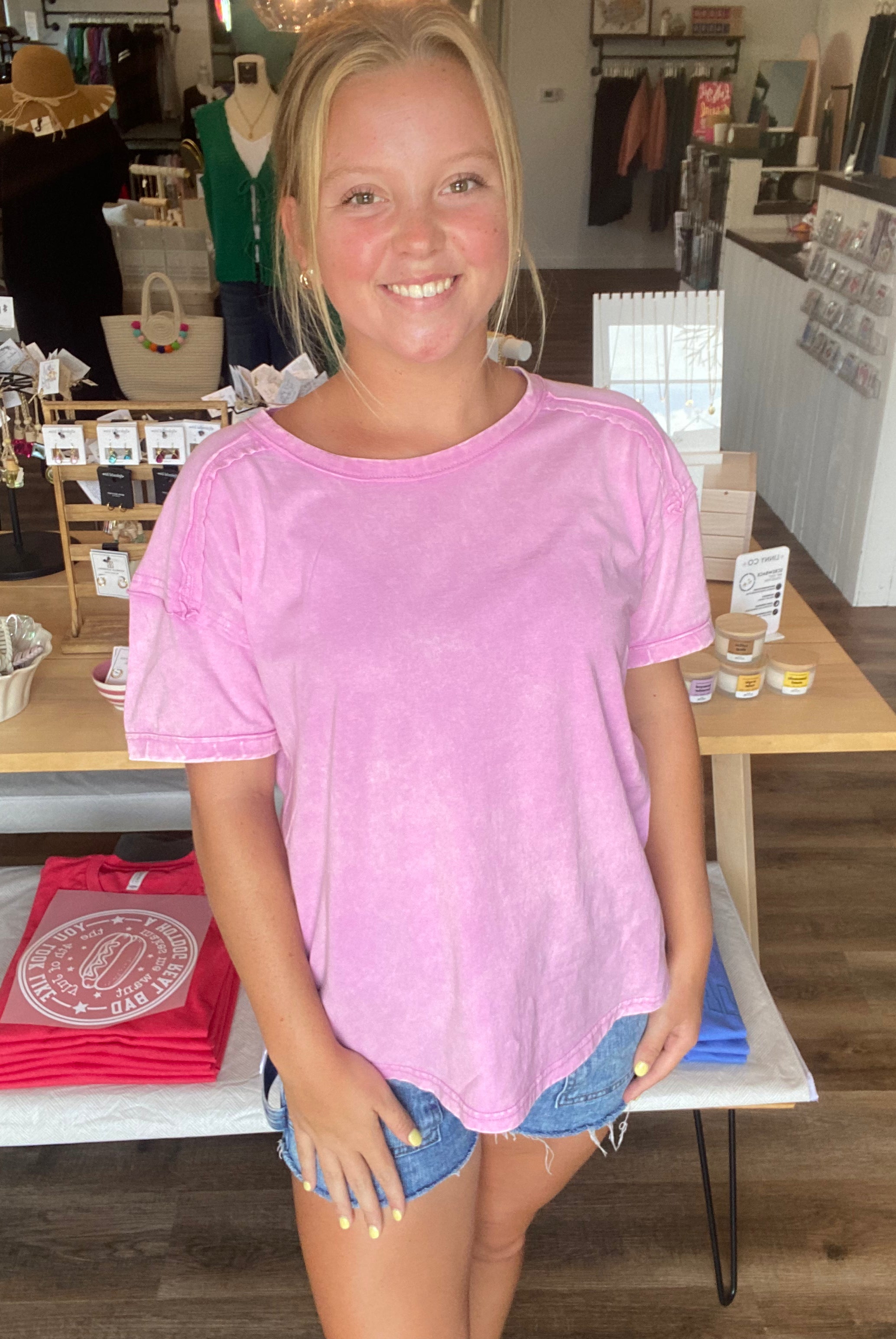 Shop Acid Wash Raw-Edge Tee - Vivid Mauve- at Ruby Joy Boutique, a Women's Clothing Store in Pickerington, Ohio