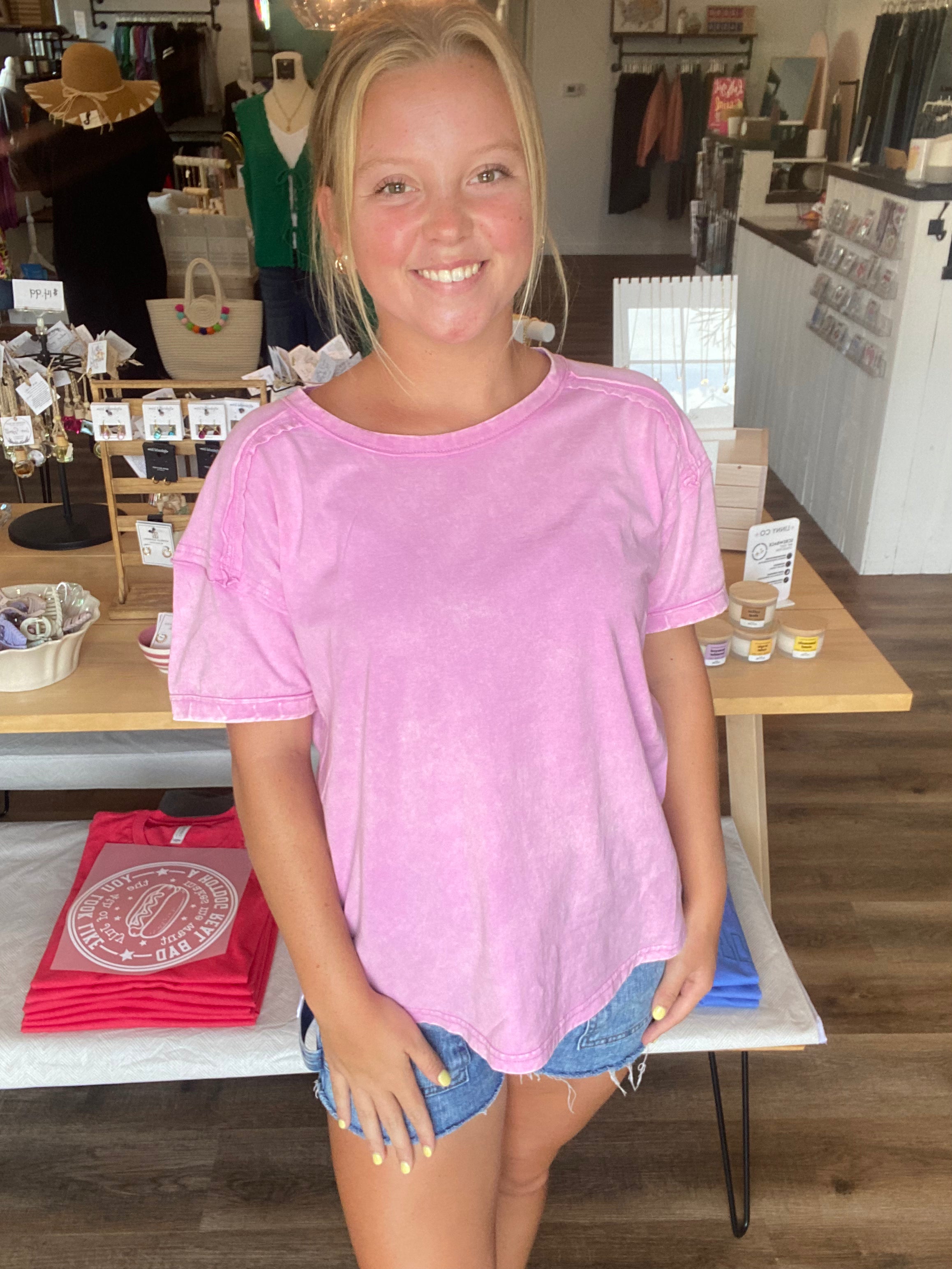 Shop Acid Wash Raw-Edge Tee - Vivid Mauve- at Ruby Joy Boutique, a Women's Clothing Store in Pickerington, Ohio