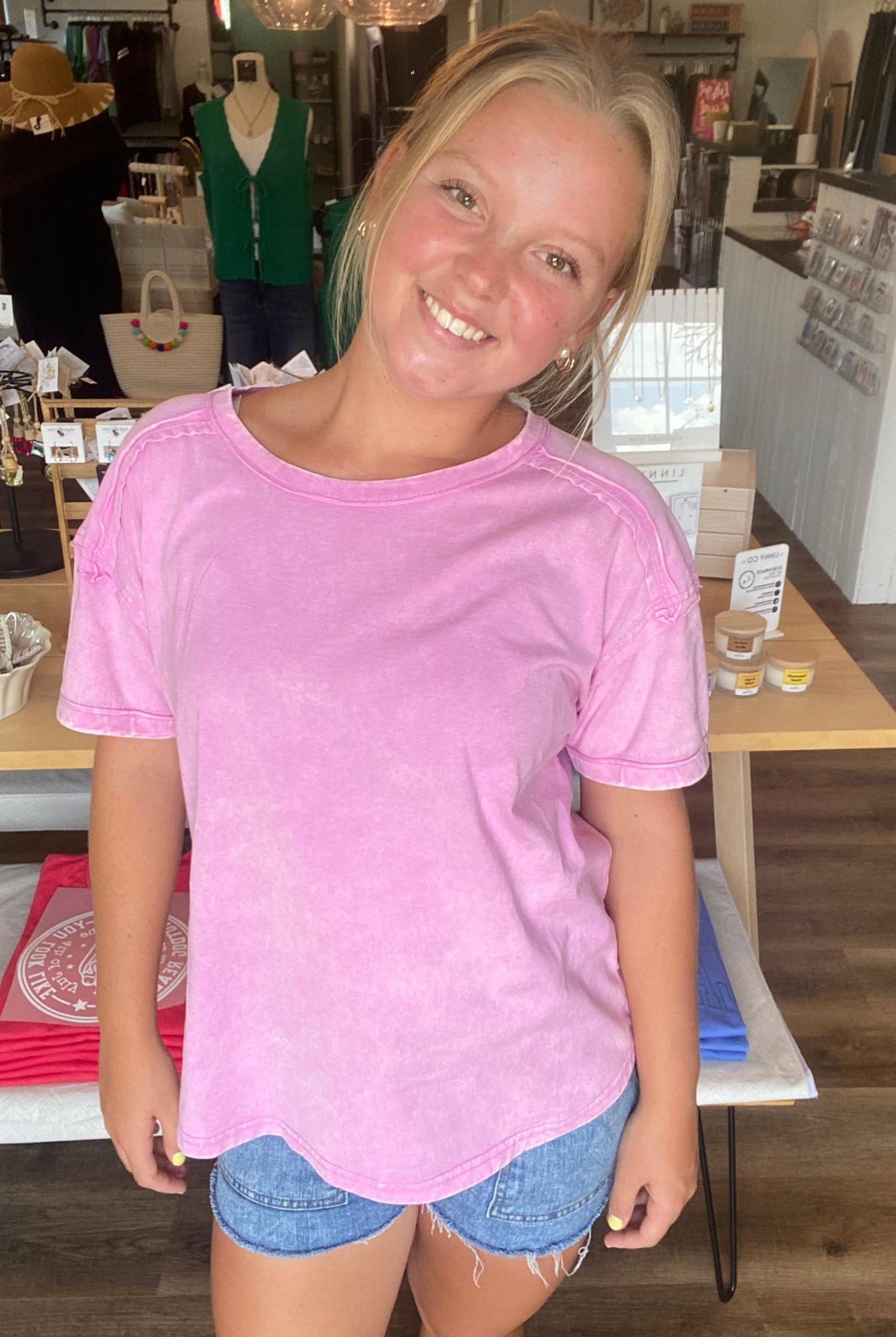 Shop Acid Wash Raw-Edge Tee - Vivid Mauve- at Ruby Joy Boutique, a Women's Clothing Store in Pickerington, Ohio