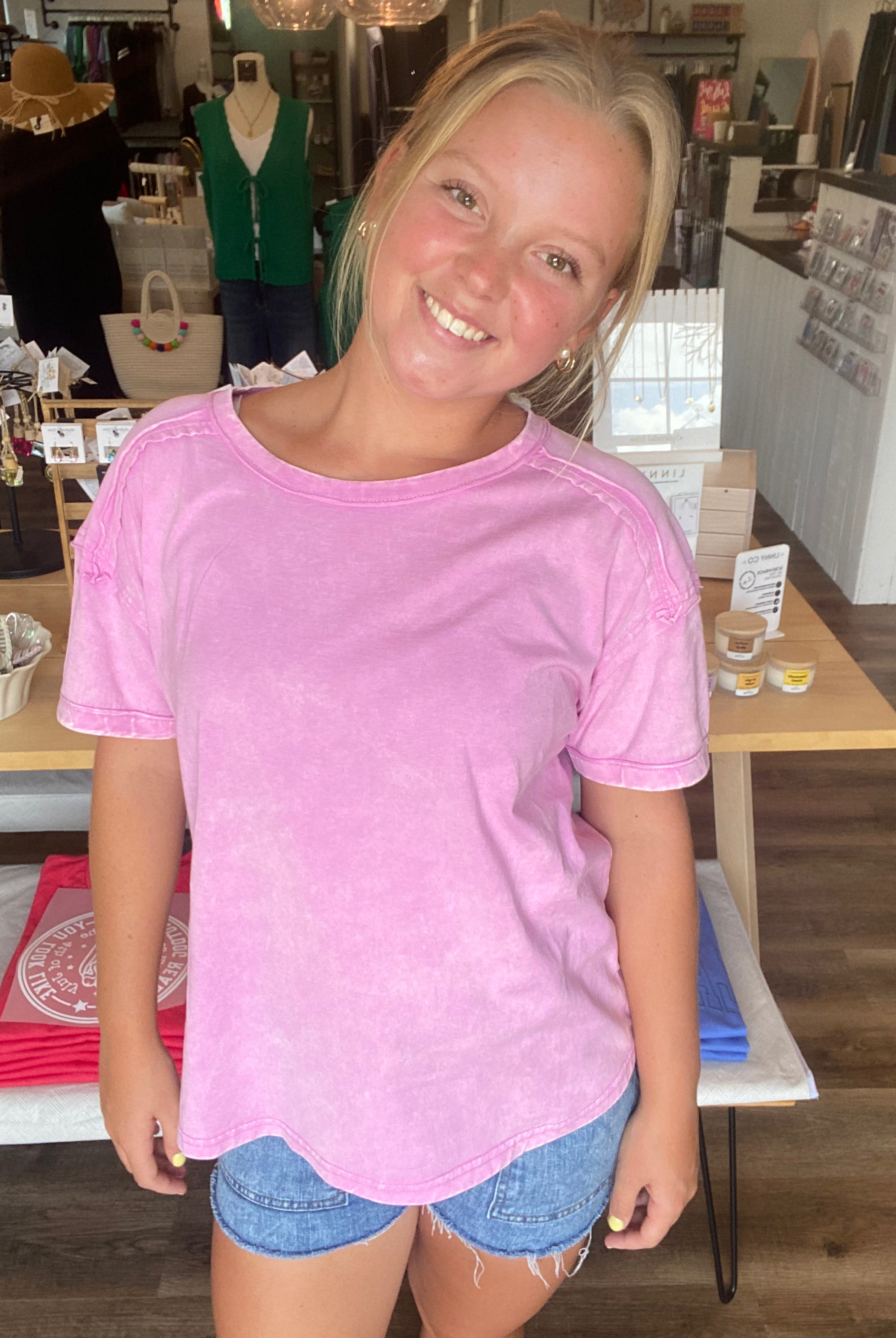 Shop Acid Wash Raw-Edge Tee - Vivid Mauve- at Ruby Joy Boutique, a Women's Clothing Store in Pickerington, Ohio
