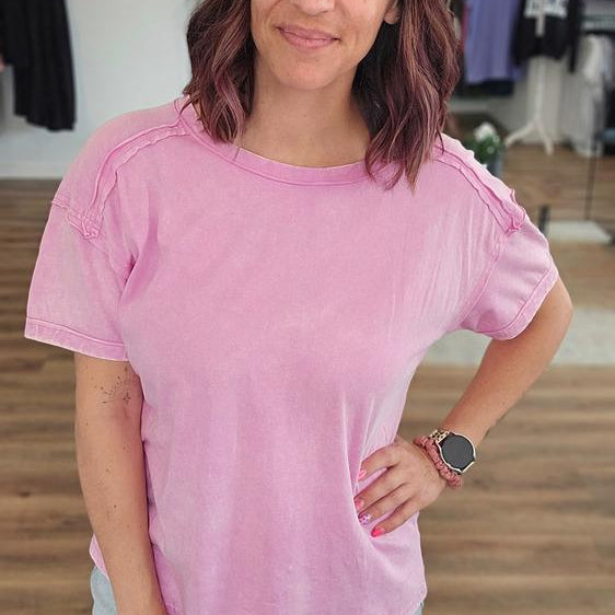 Shop Acid Wash Raw-Edge Tee - Vivid Mauve- at Ruby Joy Boutique, a Women's Clothing Store in Pickerington, Ohio