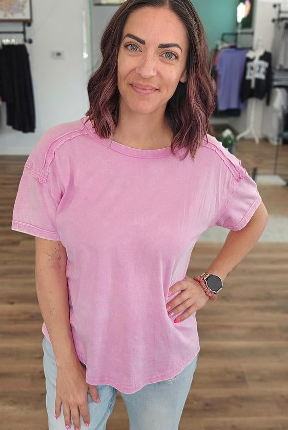 Shop Acid Wash Raw-Edge Tee - Vivid Mauve- at Ruby Joy Boutique, a Women's Clothing Store in Pickerington, Ohio