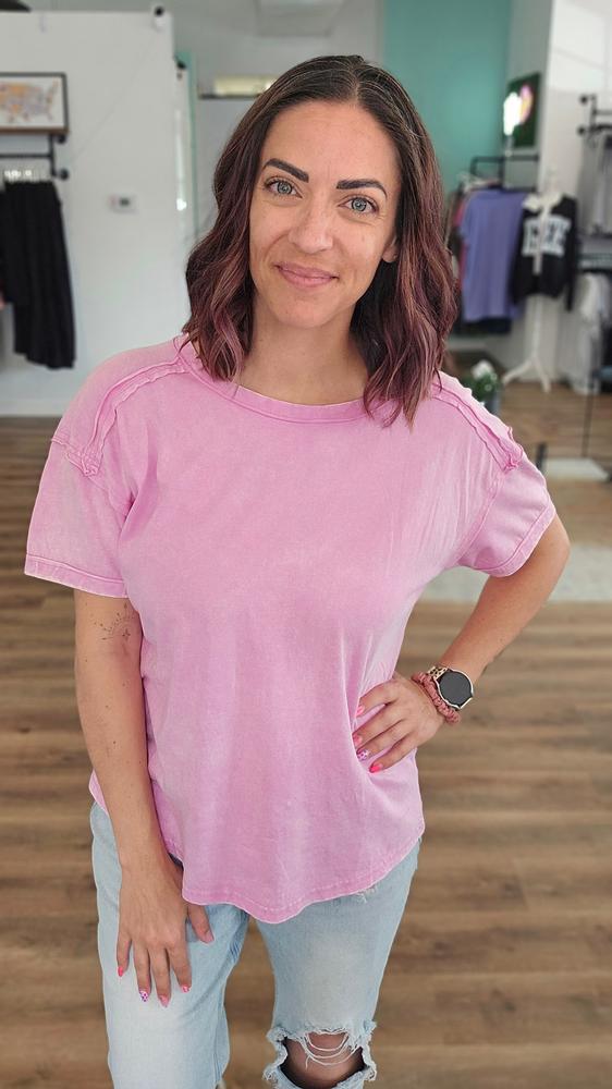 Shop Acid Wash Raw-Edge Tee - Vivid Mauve- at Ruby Joy Boutique, a Women's Clothing Store in Pickerington, Ohio