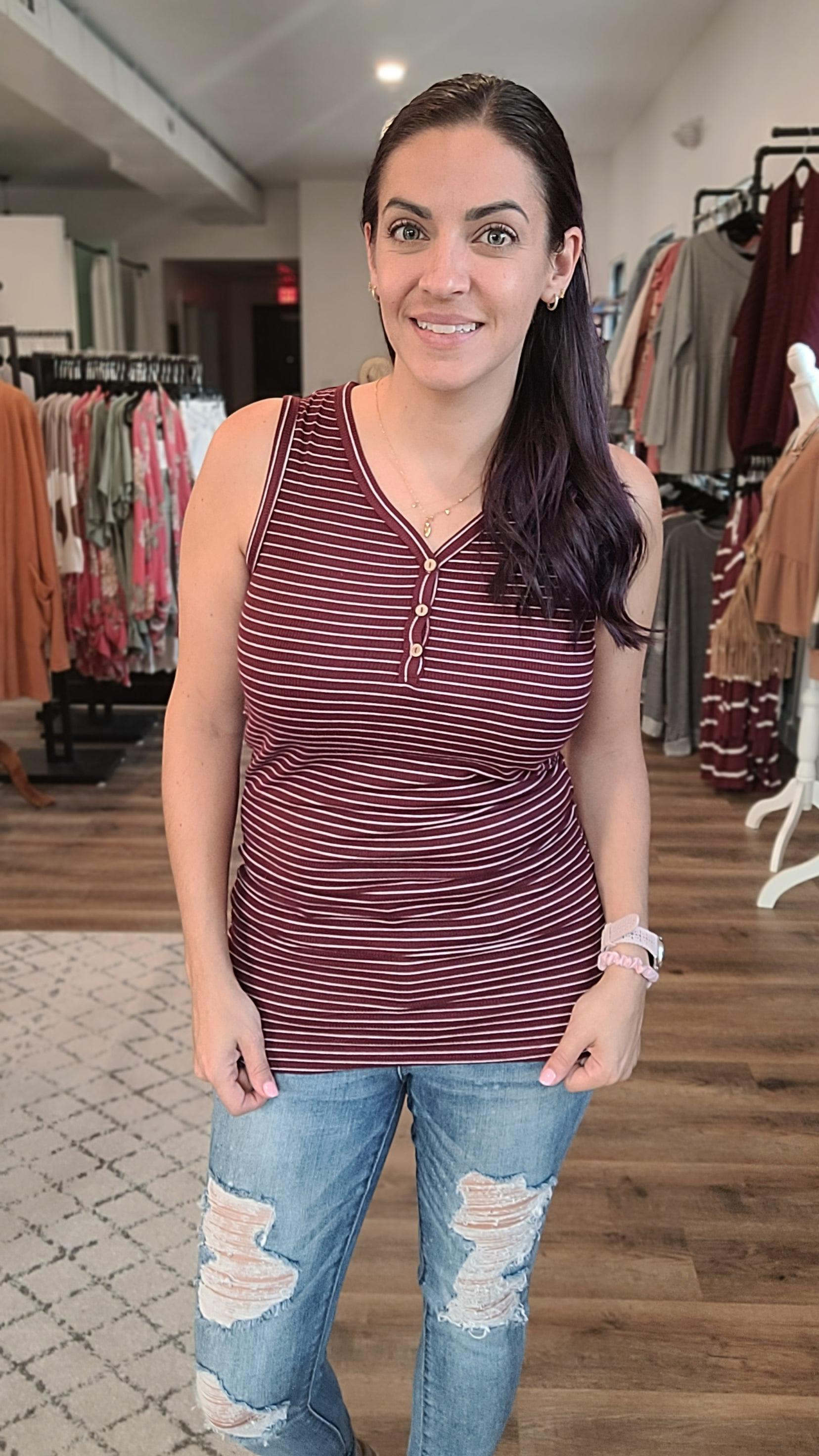 Shop Addison Striped Button Tank-Shirts & Tops at Ruby Joy Boutique, a Women's Clothing Store in Pickerington, Ohio