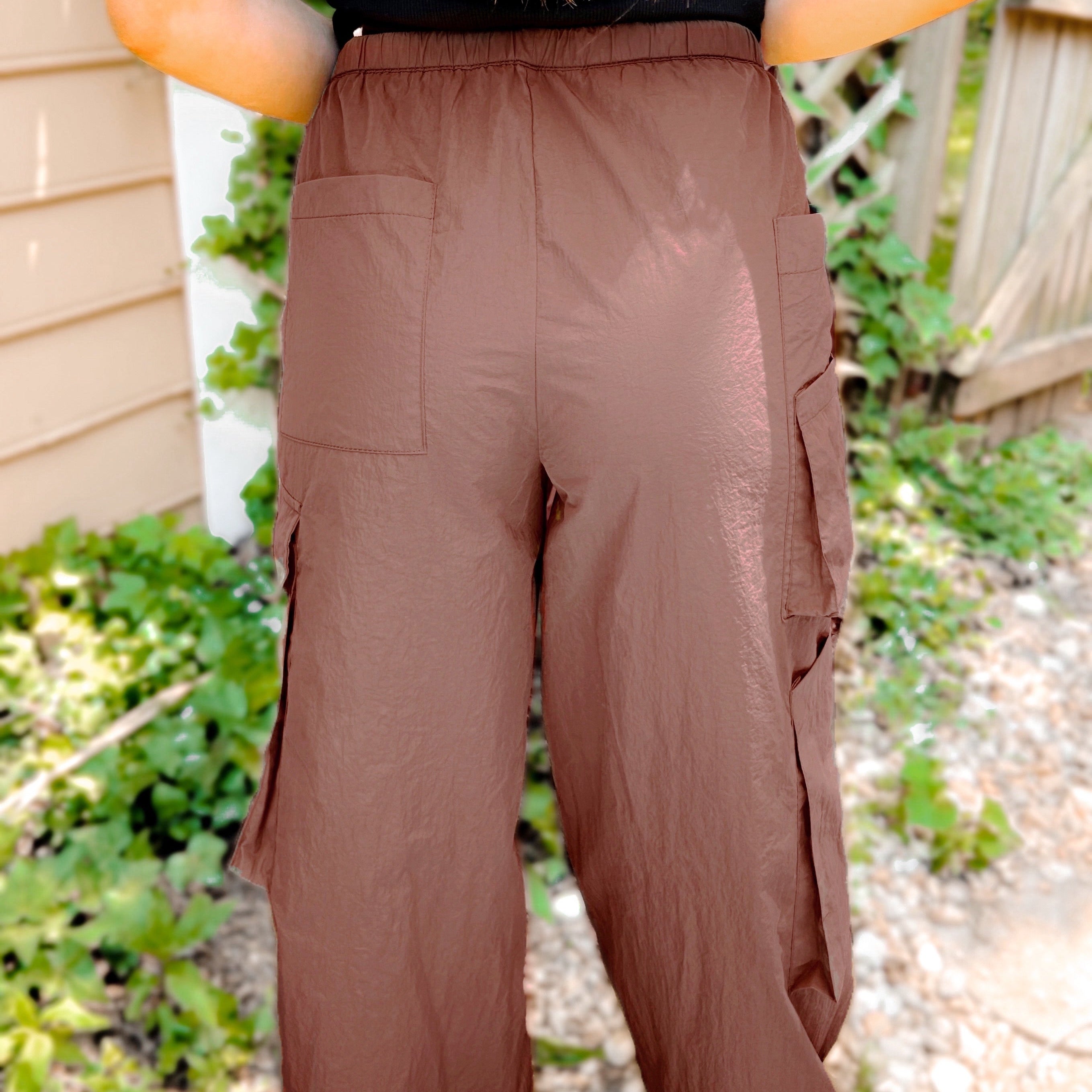 Shop Archer Asymmetrical Pocket Wide Leg Cargos-Rose Brown at Ruby Joy Boutique, a Women's Clothing Store in Pickerington, Ohio