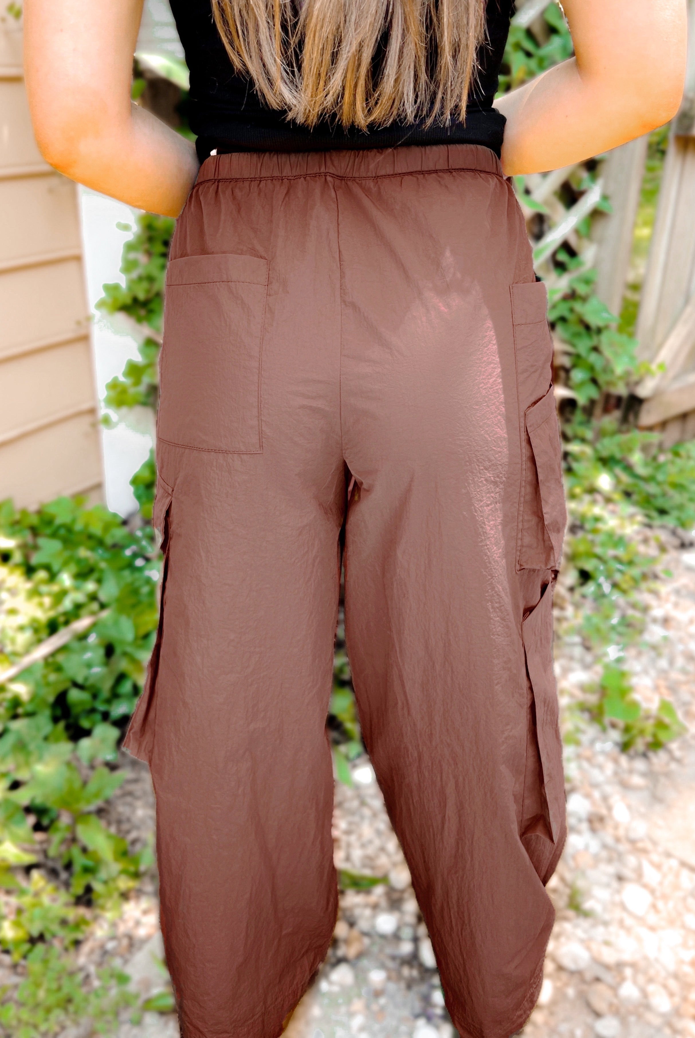 Shop Archer Asymmetrical Pocket Wide Leg Cargos-Rose Brown at Ruby Joy Boutique, a Women's Clothing Store in Pickerington, Ohio