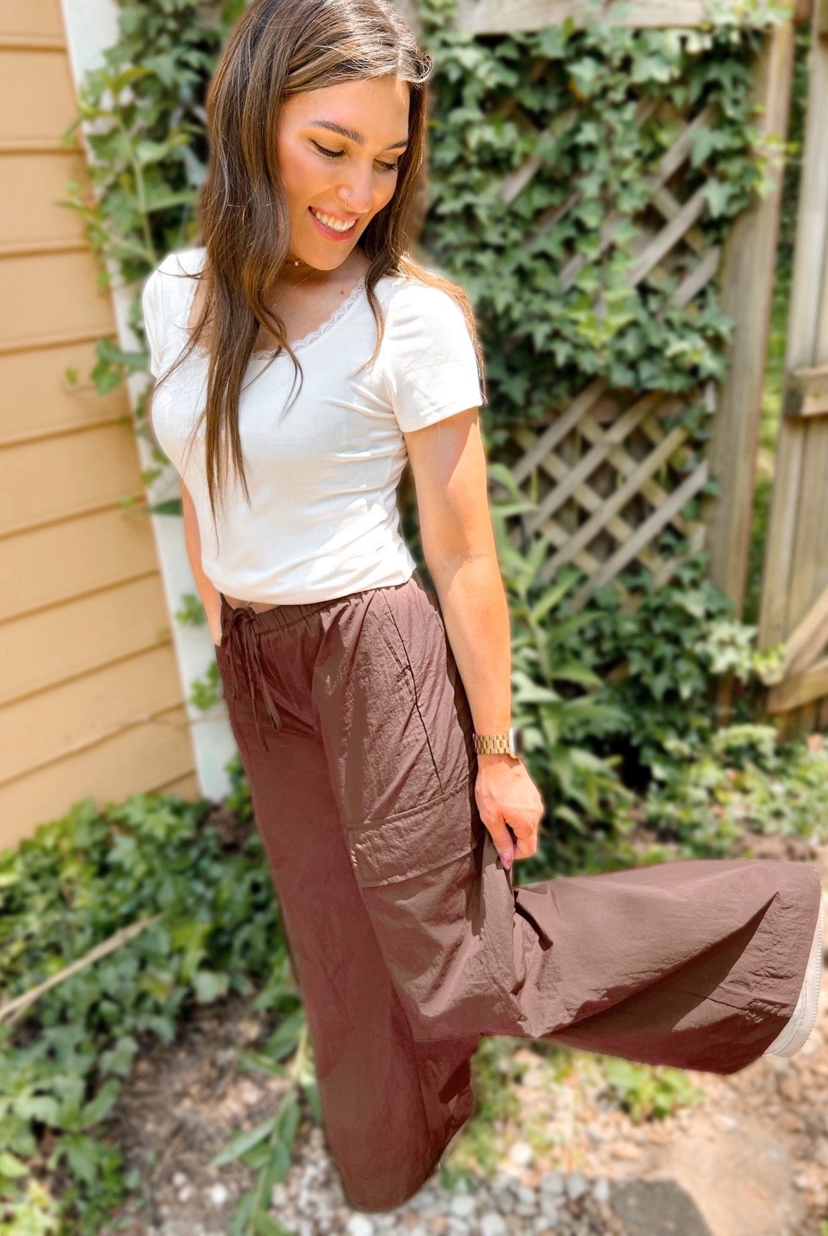 Shop Archer Asymmetrical Pocket Wide Leg Cargos- at Ruby Joy Boutique, a Women's Clothing Store in Pickerington, Ohio