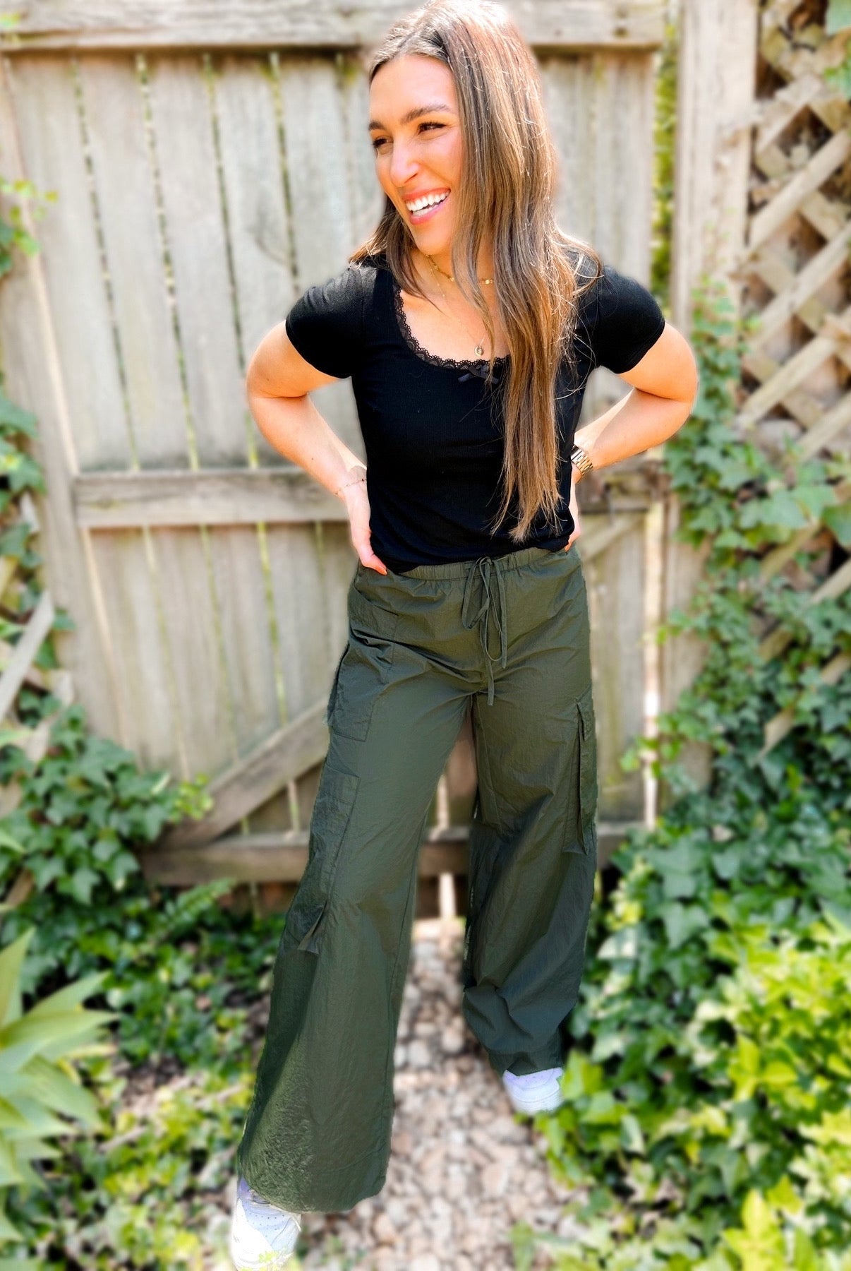Shop Archer Asymmetrical Pocket Wide Leg Cargos- at Ruby Joy Boutique, a Women's Clothing Store in Pickerington, Ohio