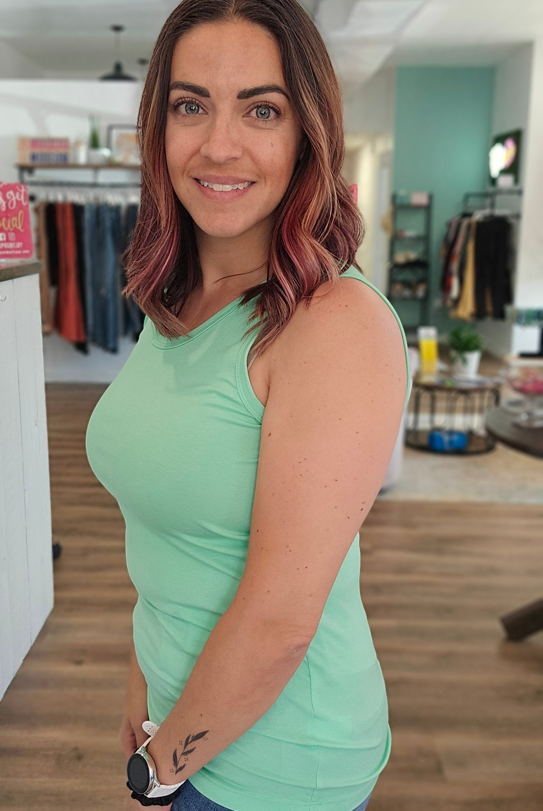 Shop Ava Classic Sleeveless Tank - Lime-Tank Top at Ruby Joy Boutique, a Women's Clothing Store in Pickerington, Ohio