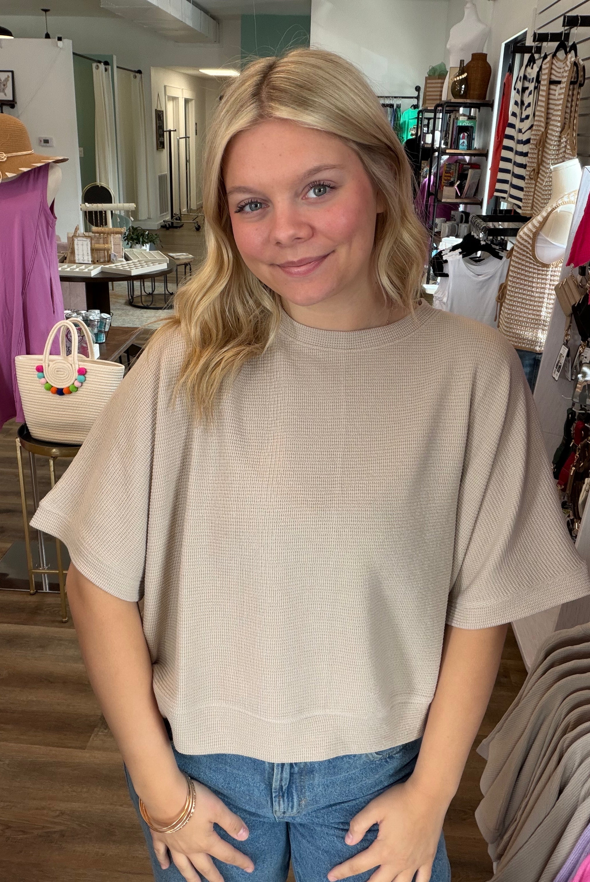 Shop Baby Waffle Knit Boxy Top - Light Cocoa- at Ruby Joy Boutique, a Women's Clothing Store in Pickerington, Ohio