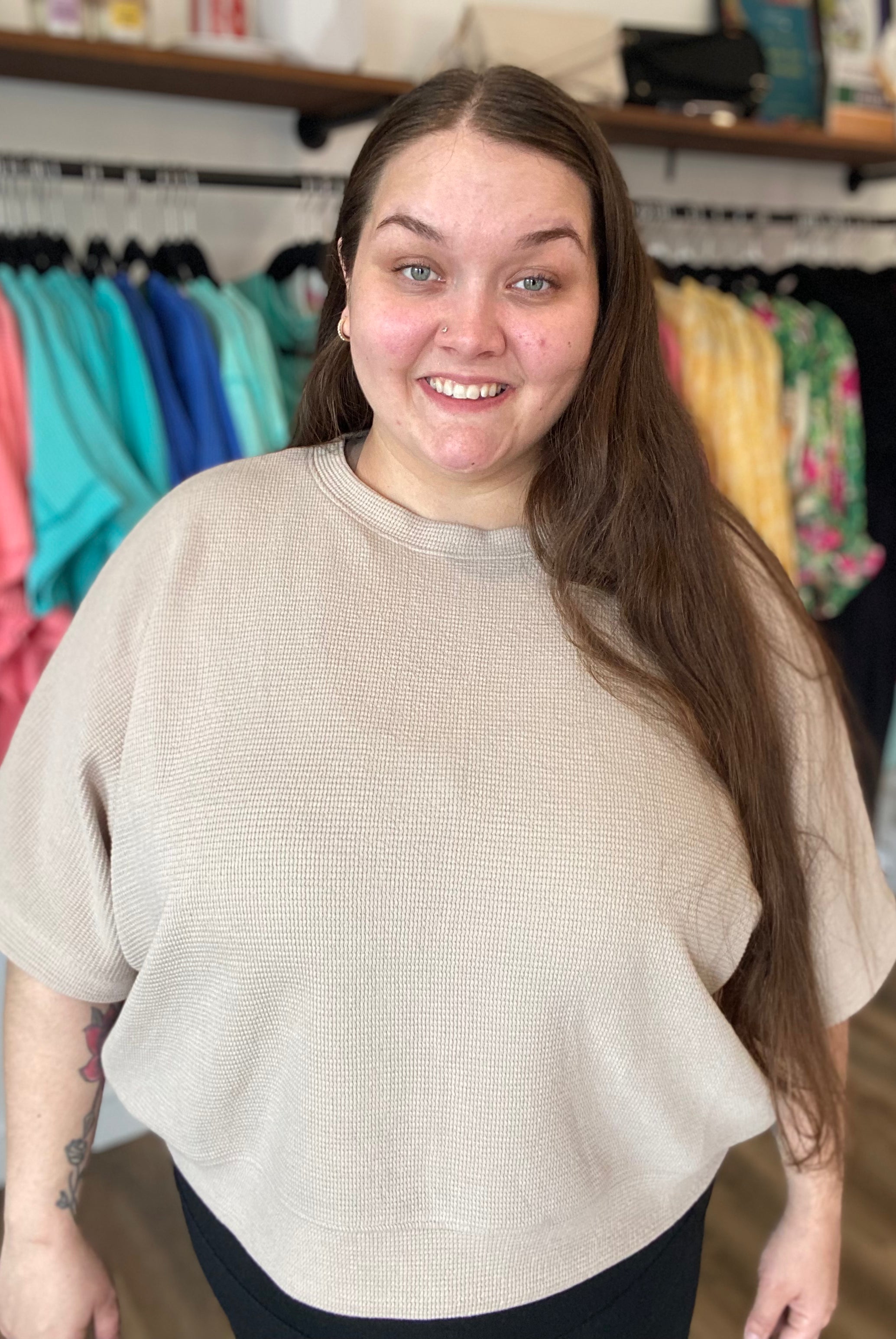Shop Baby Waffle Knit Boxy Top - Light Cocoa- at Ruby Joy Boutique, a Women's Clothing Store in Pickerington, Ohio