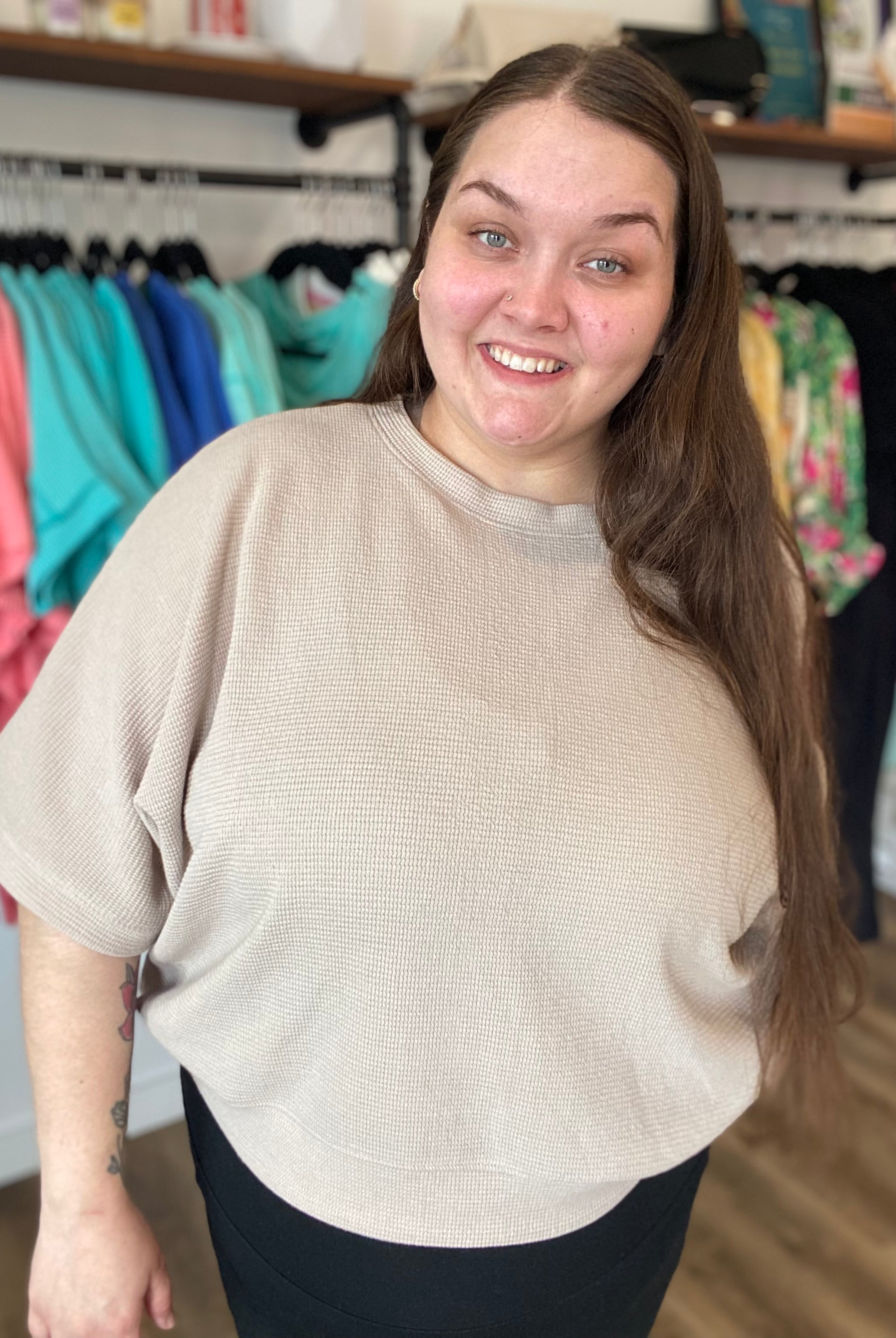 Shop Baby Waffle Knit Boxy Top - Light Cocoa- at Ruby Joy Boutique, a Women's Clothing Store in Pickerington, Ohio