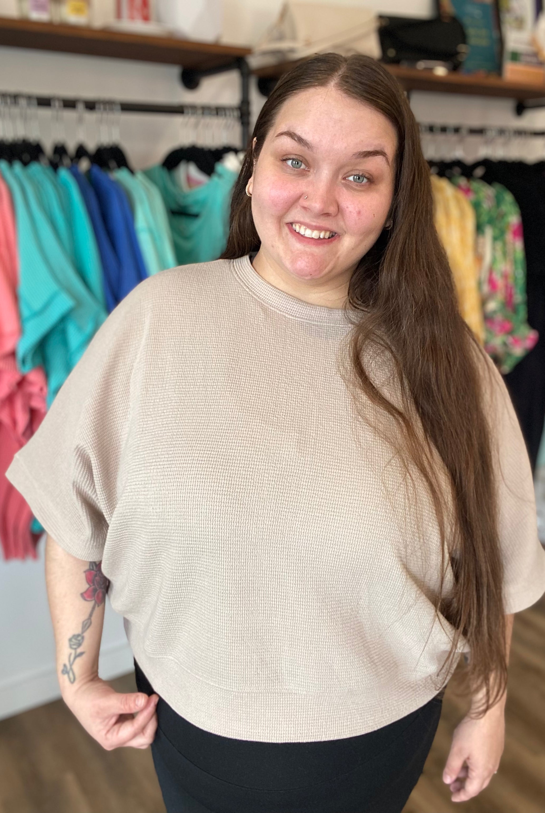 Shop Baby Waffle Knit Boxy Top - Light Cocoa- at Ruby Joy Boutique, a Women's Clothing Store in Pickerington, Ohio