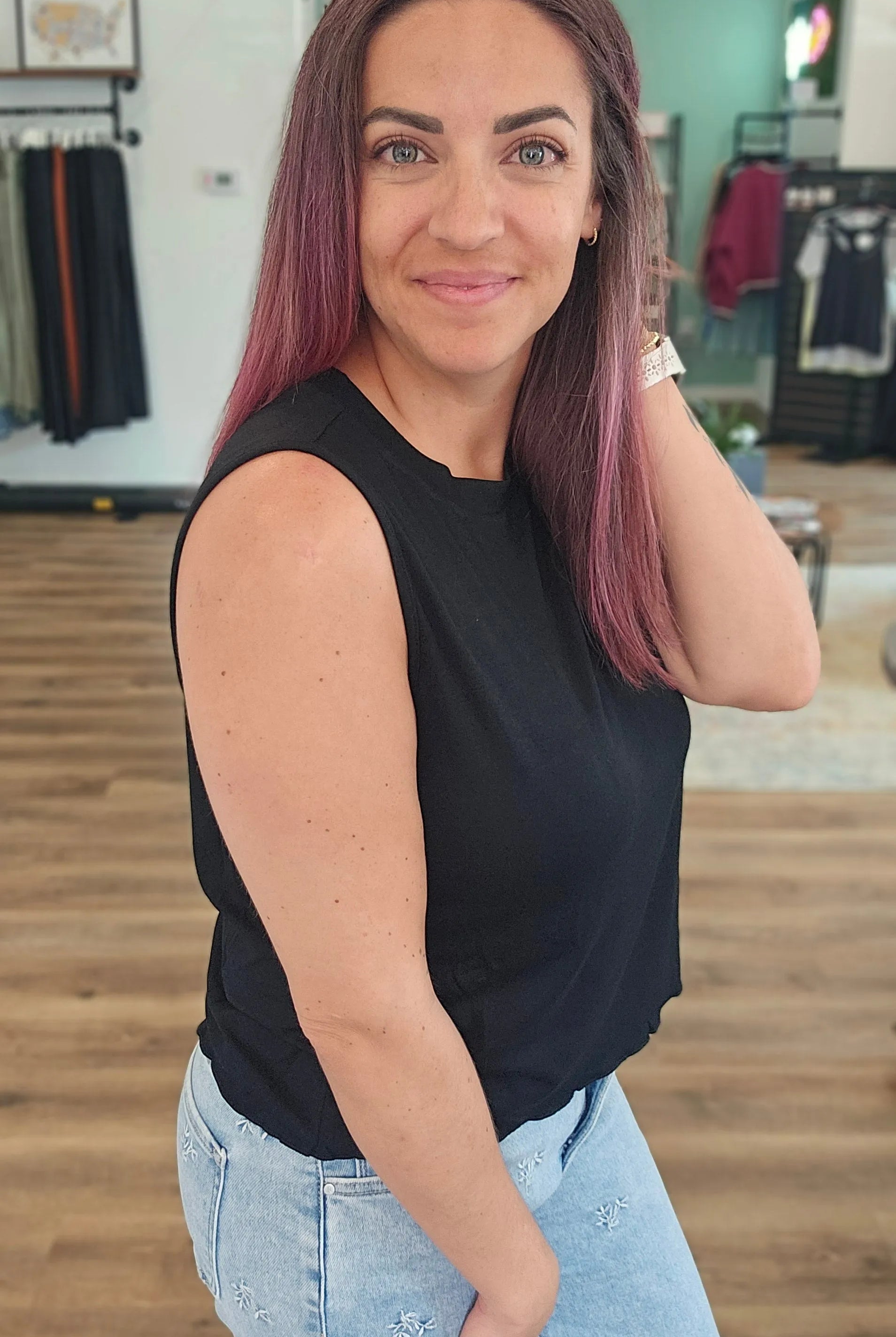 Shop Banks Lettuce Edge Hem Tank - Black- at Ruby Joy Boutique, a Women's Clothing Store in Pickerington, Ohio