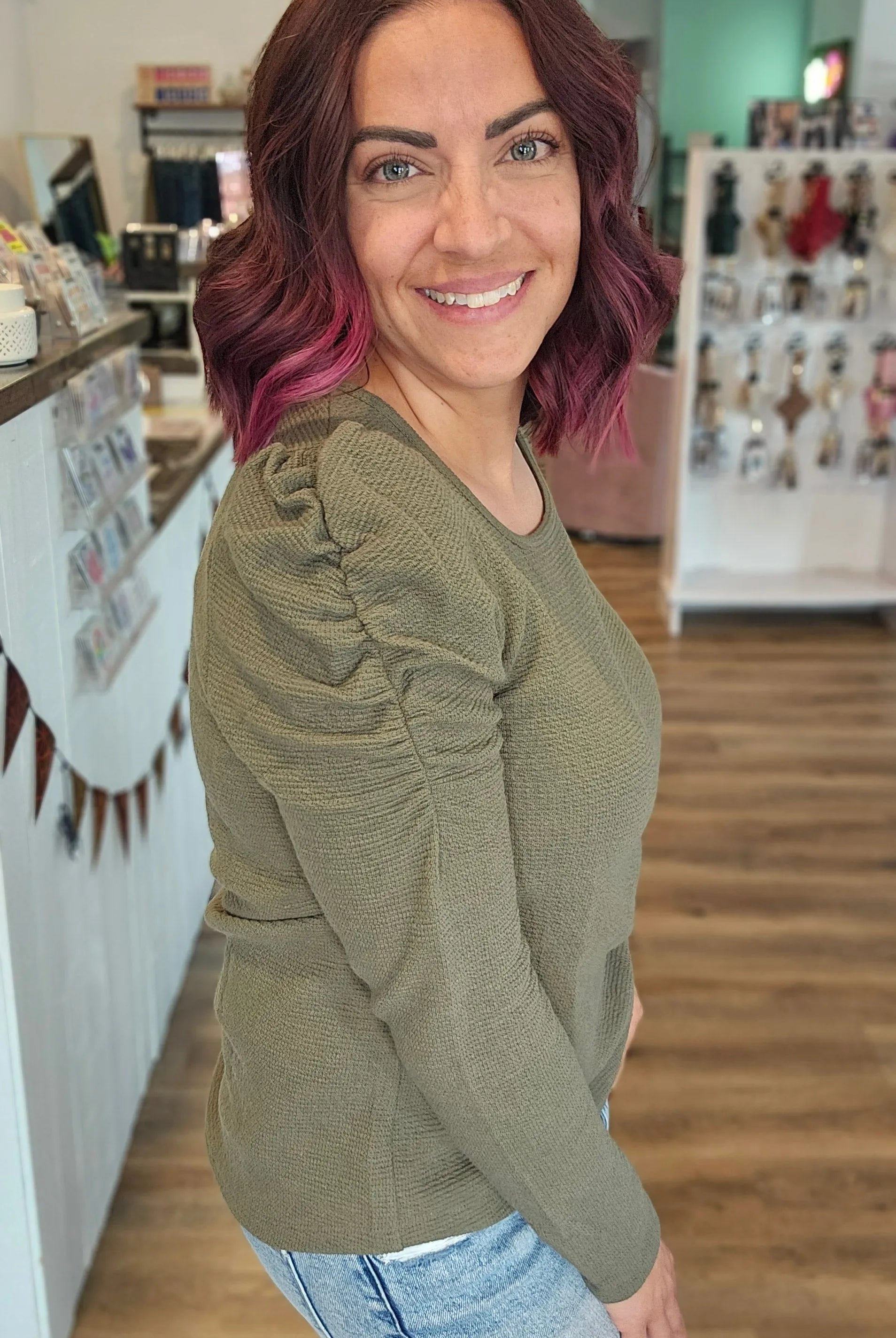 Shop Bella Scrunch Sleeve Top - Olive- at Ruby Joy Boutique, a Women's Clothing Store in Pickerington, Ohio